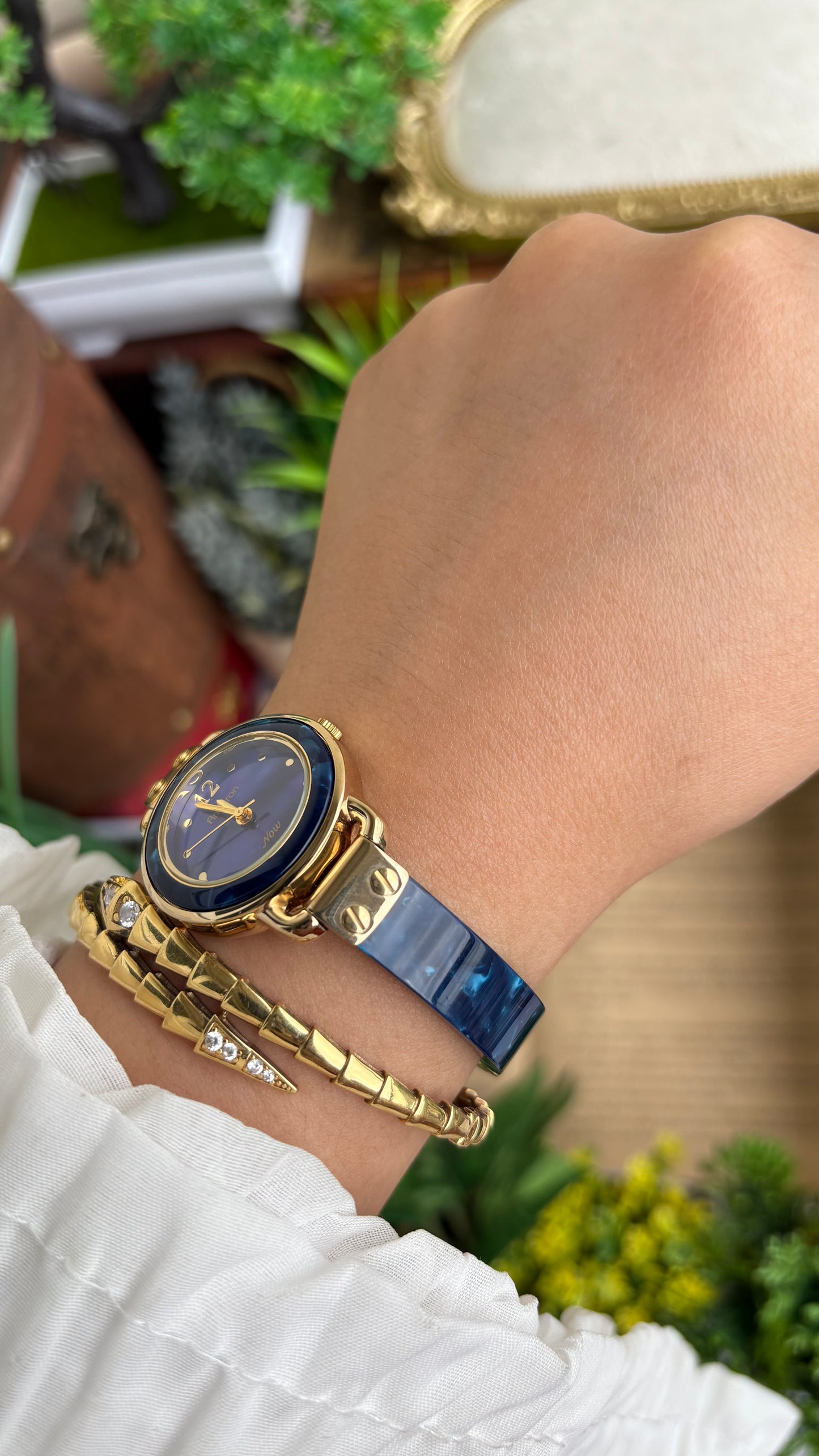 Vintage Armitron Watch In Gold Tone Deep Blue Mother of Pearl Dial