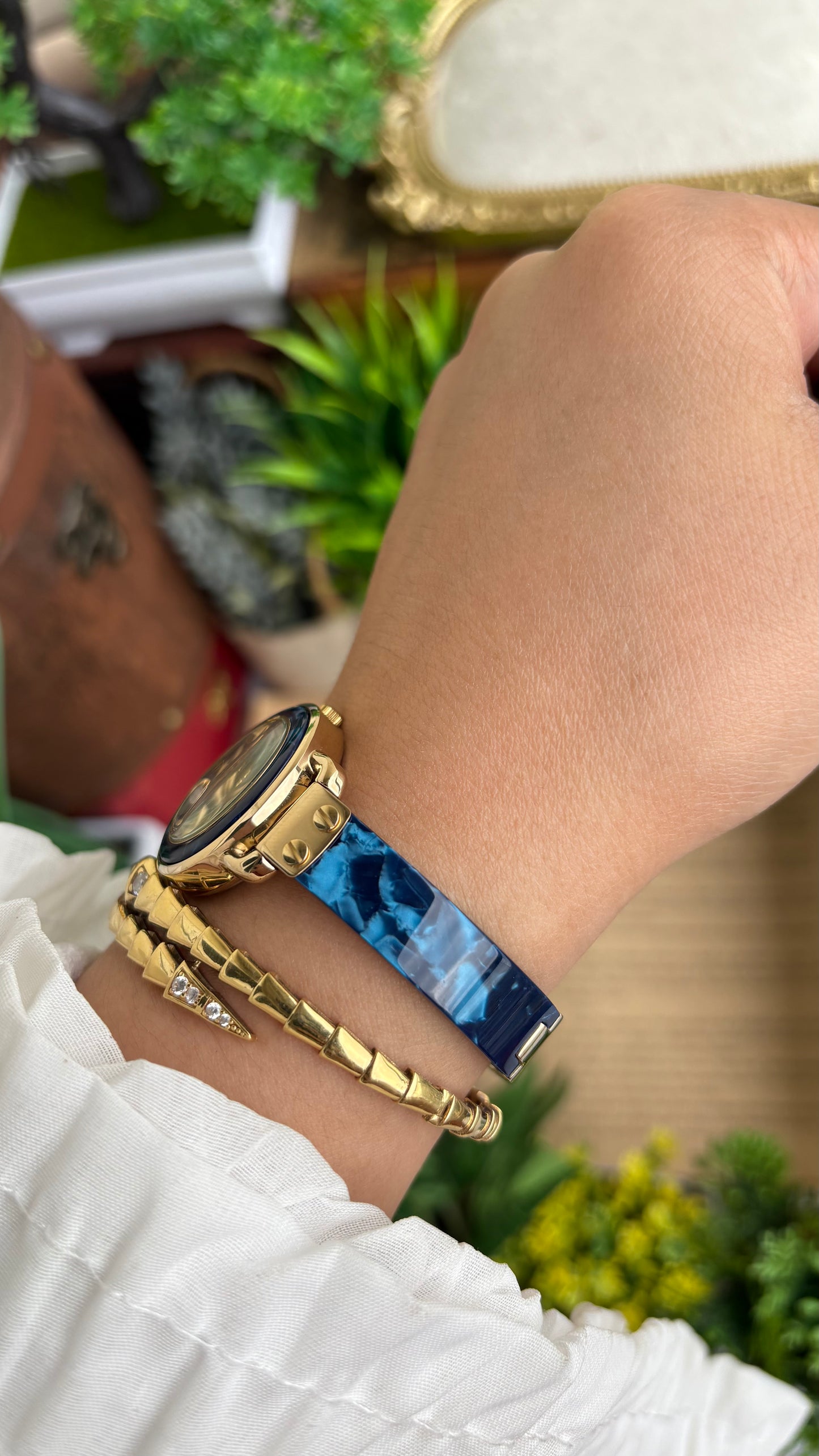 Vintage Armitron Watch In Gold Tone Deep Blue Mother of Pearl Dial