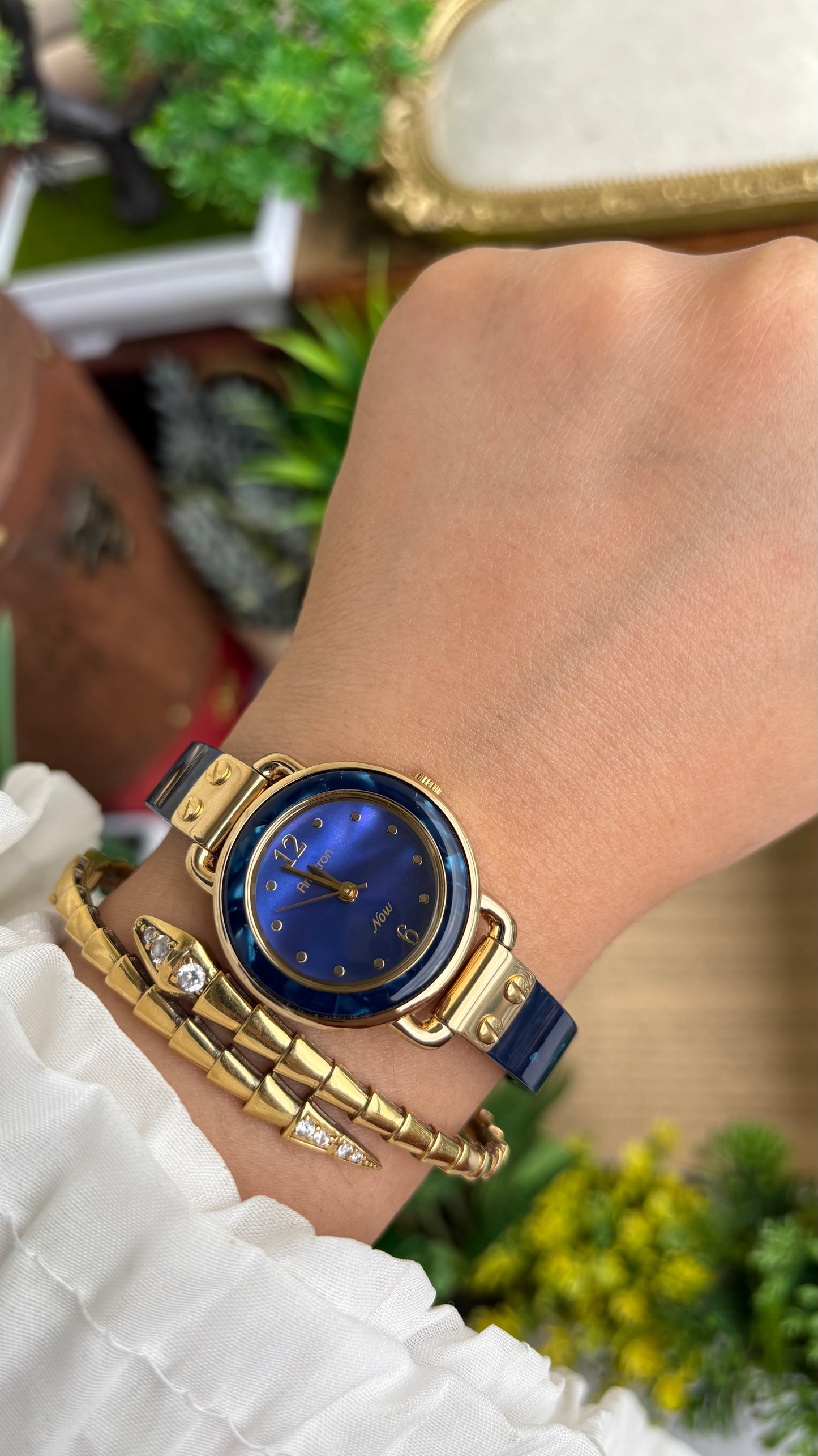 Vintage Armitron Watch In Gold Tone Deep Blue Mother of Pearl Dial