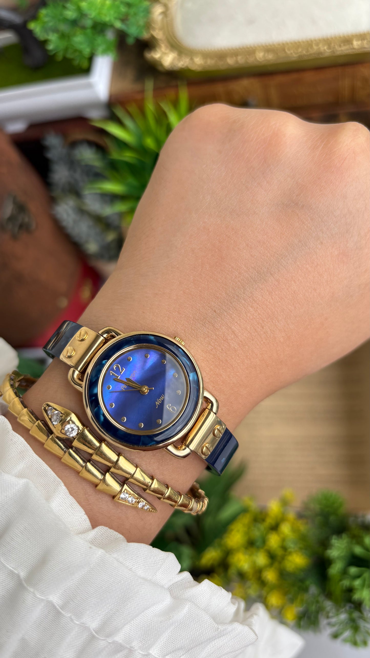 Vintage Armitron Watch In Gold Tone Deep Blue Mother of Pearl Dial