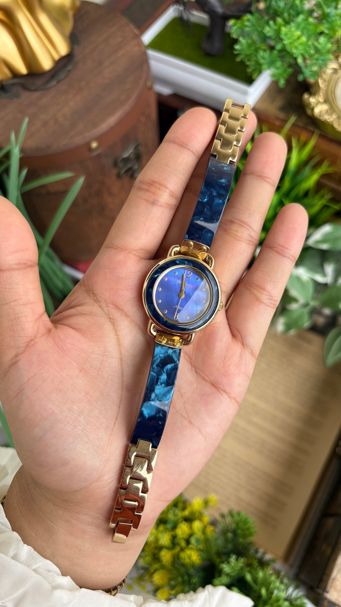 Vintage Armitron Watch In Gold Tone Deep Blue Mother of Pearl Dial