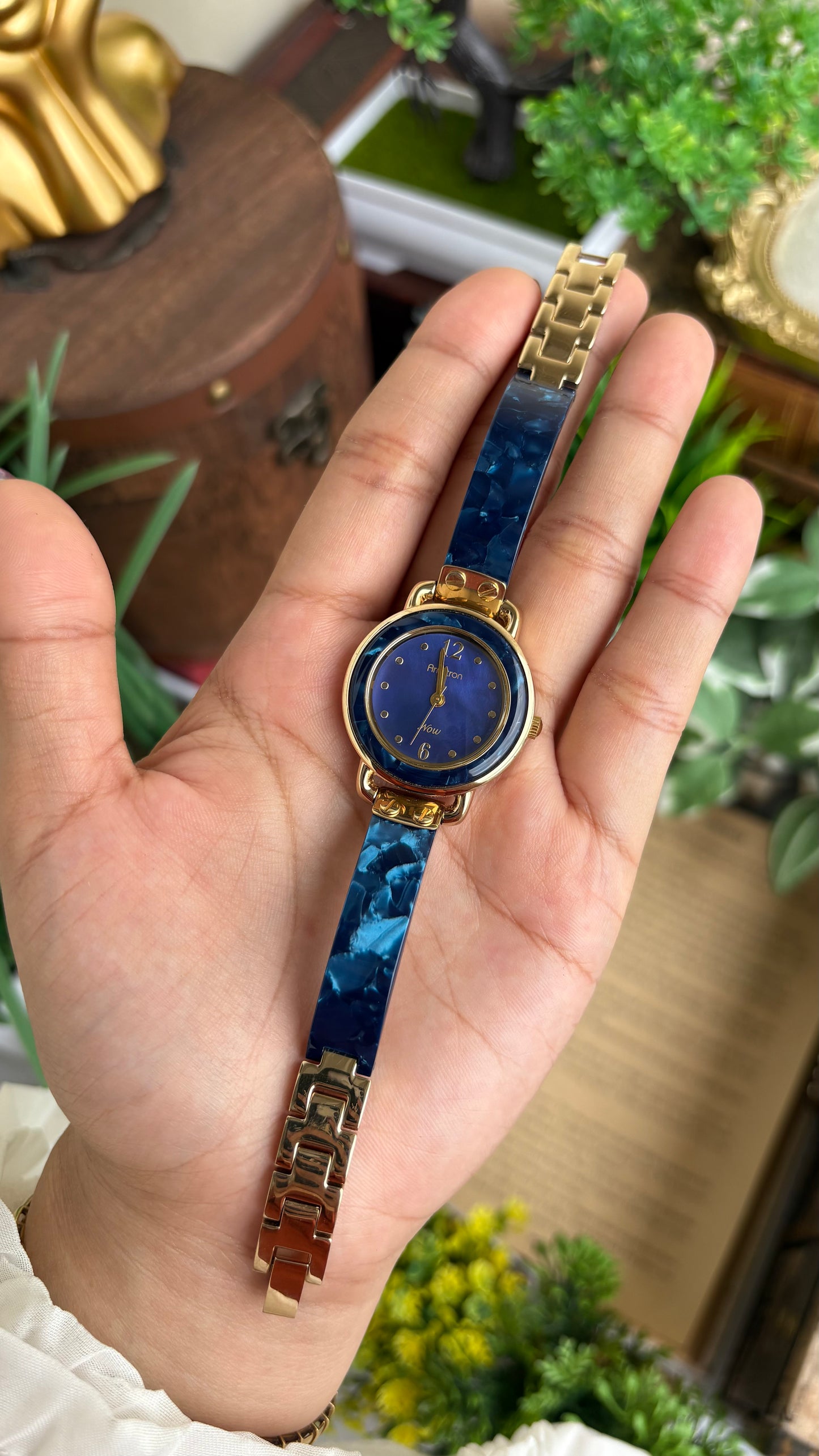 Vintage Armitron Watch In Gold Tone Deep Blue Mother of Pearl Dial