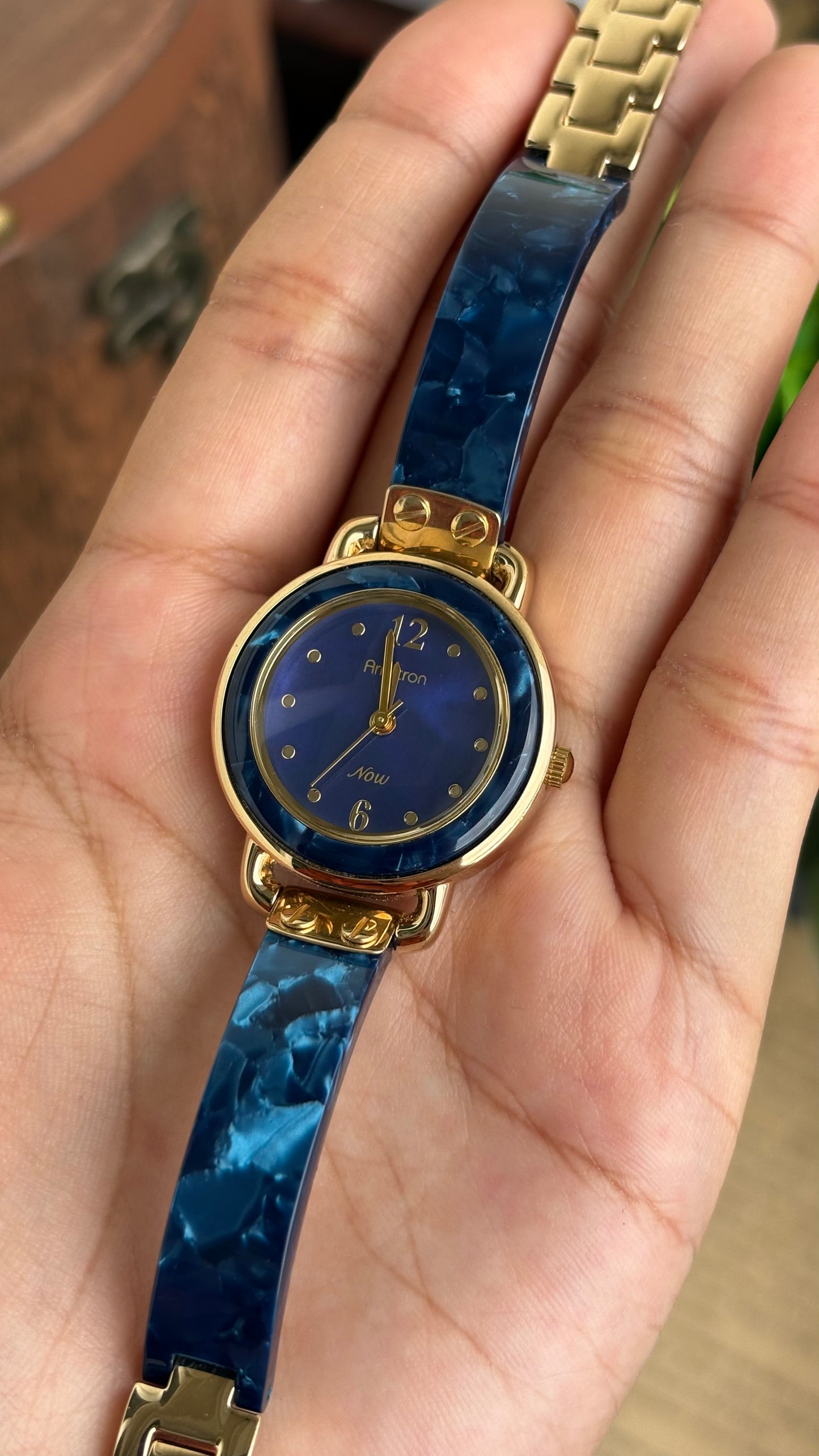 Vintage Armitron Watch In Gold Tone Deep Blue Mother of Pearl Dial