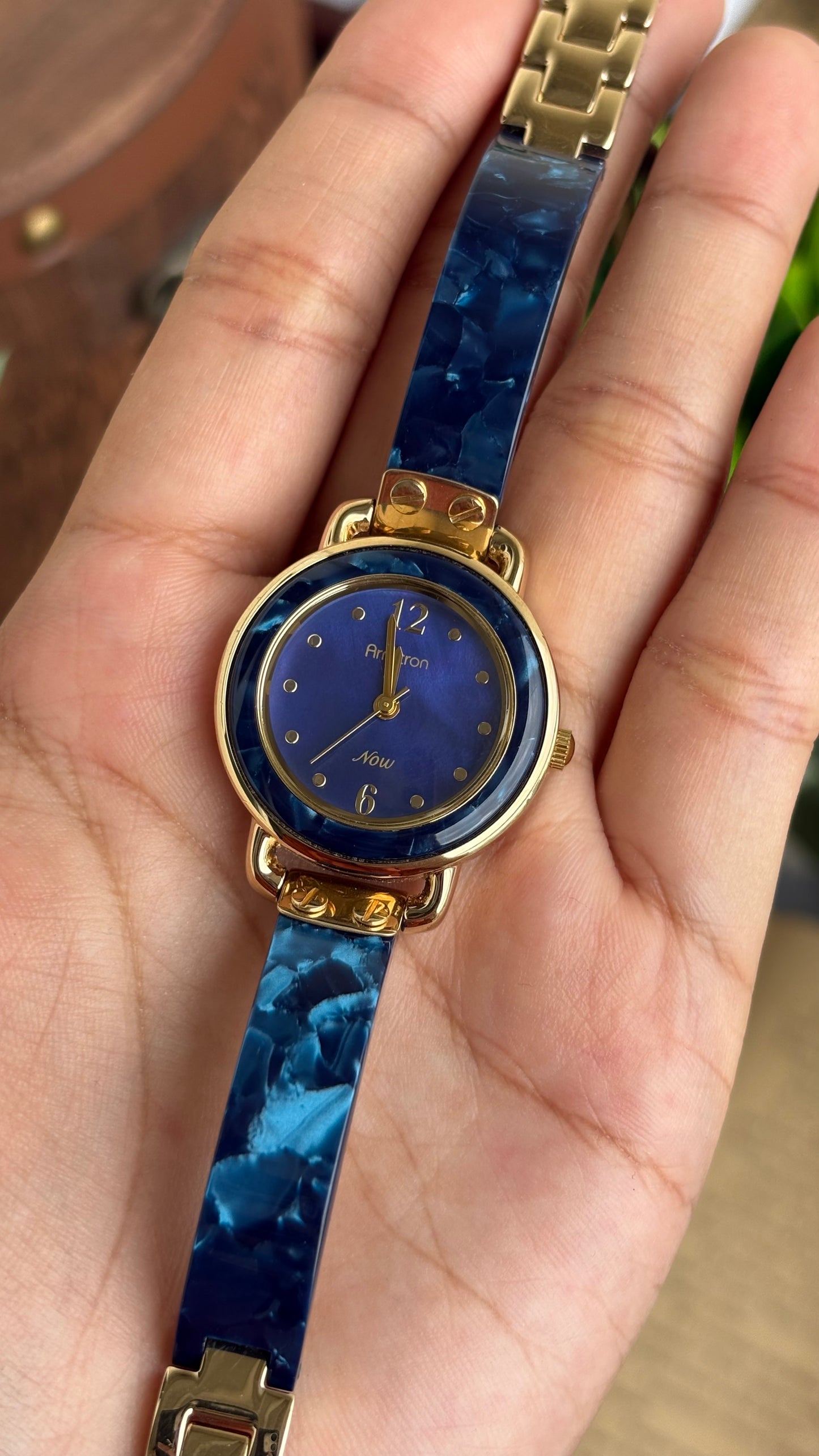 Vintage Armitron Watch In Gold Tone Deep Blue Mother of Pearl Dial