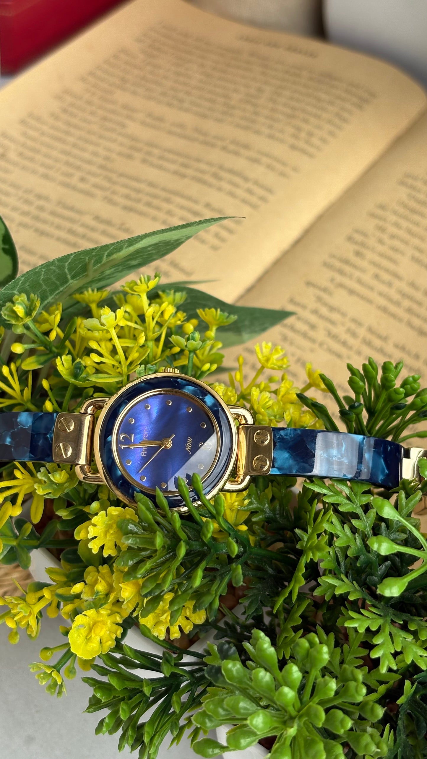 Vintage Armitron Watch In Gold Tone Deep Blue Mother of Pearl Dial
