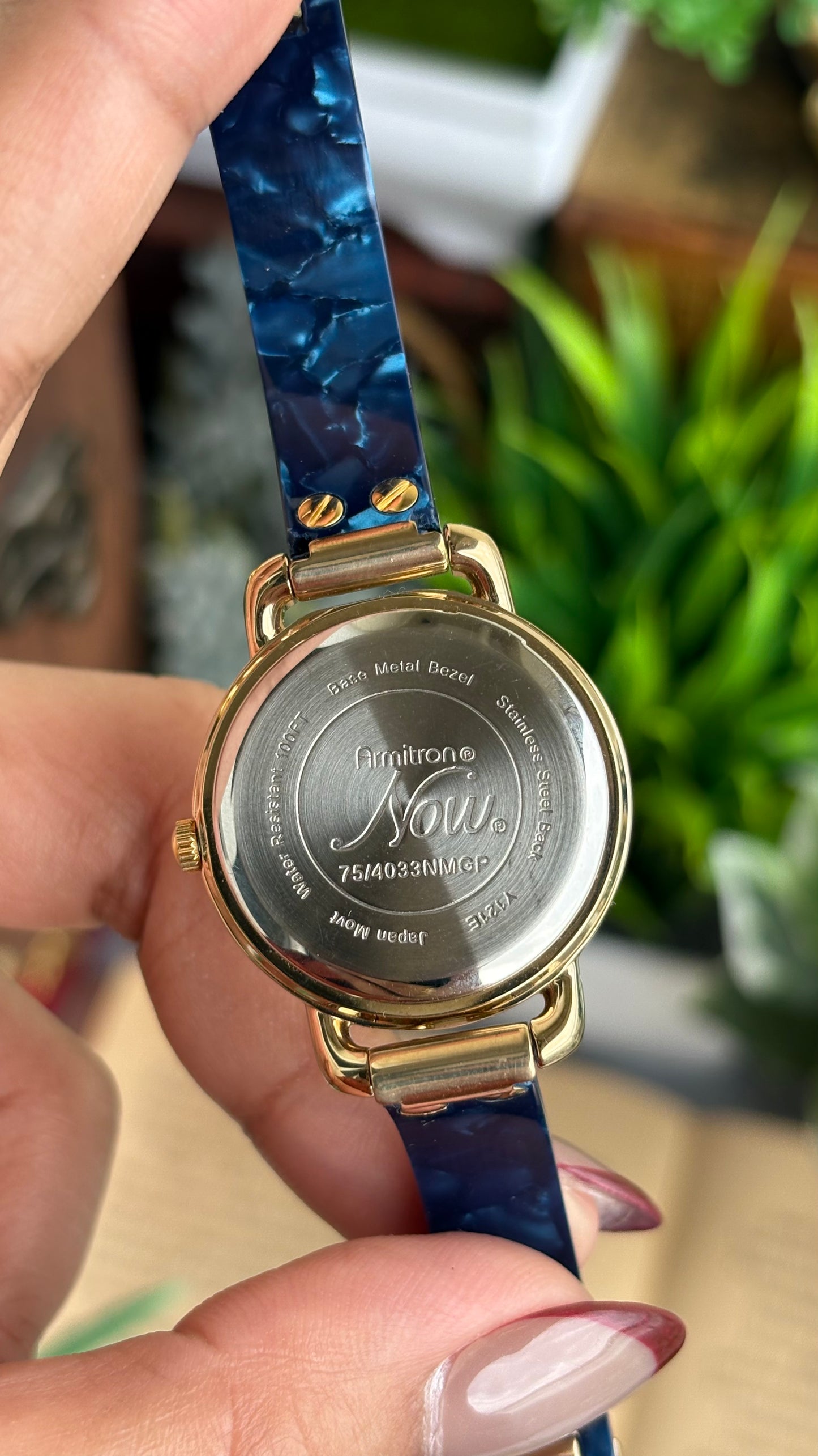 Vintage Armitron Watch In Gold Tone Deep Blue Mother of Pearl Dial