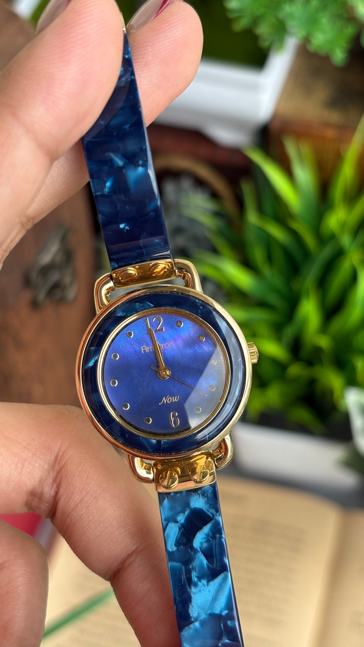 Vintage Armitron Watch In Gold Tone Deep Blue Mother of Pearl Dial