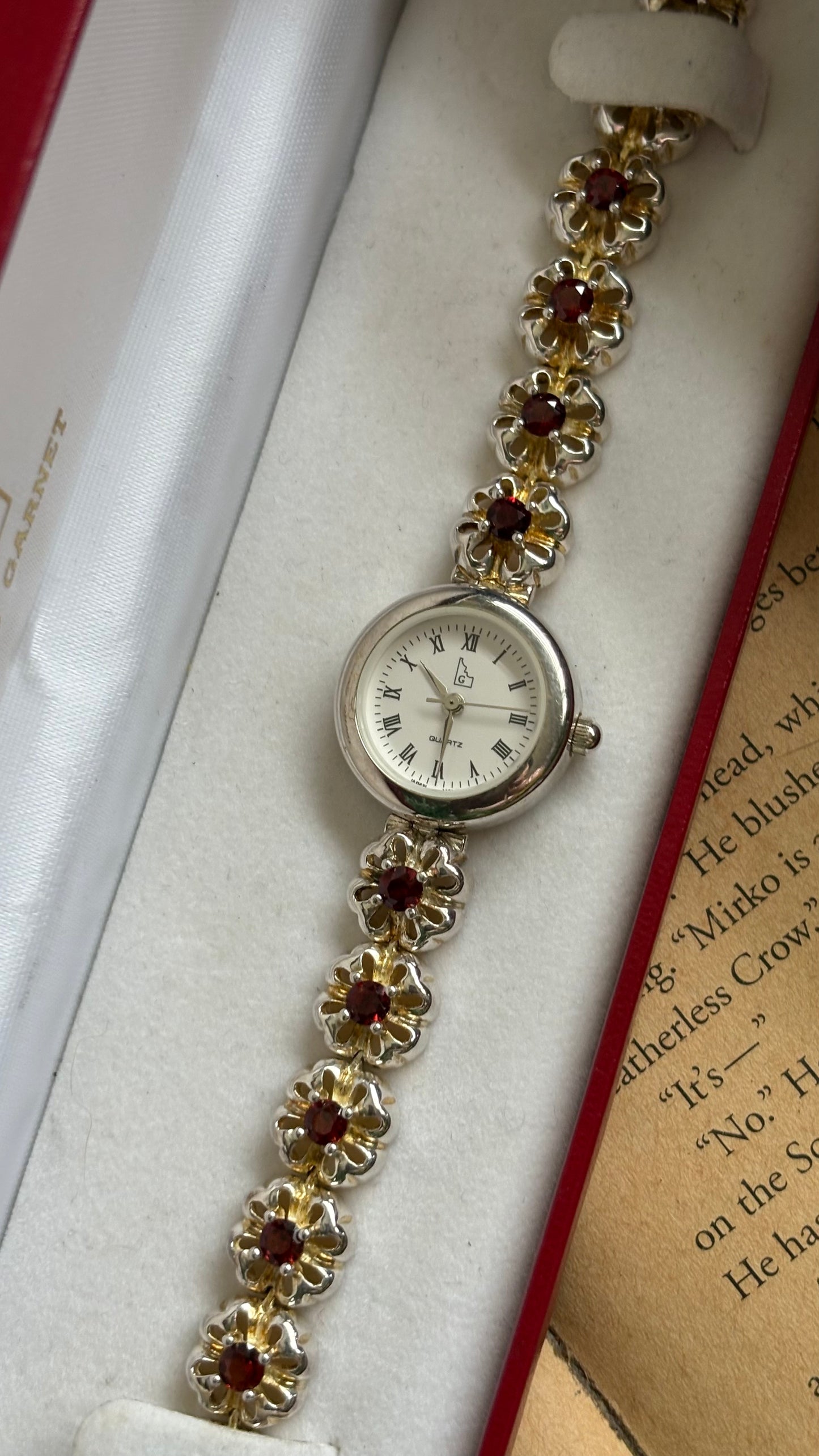 Extremely Rare Vintage Idaho Garnet Watch in Two-Tone Unique Flower Strap Design with 12 Real Garnet Accent