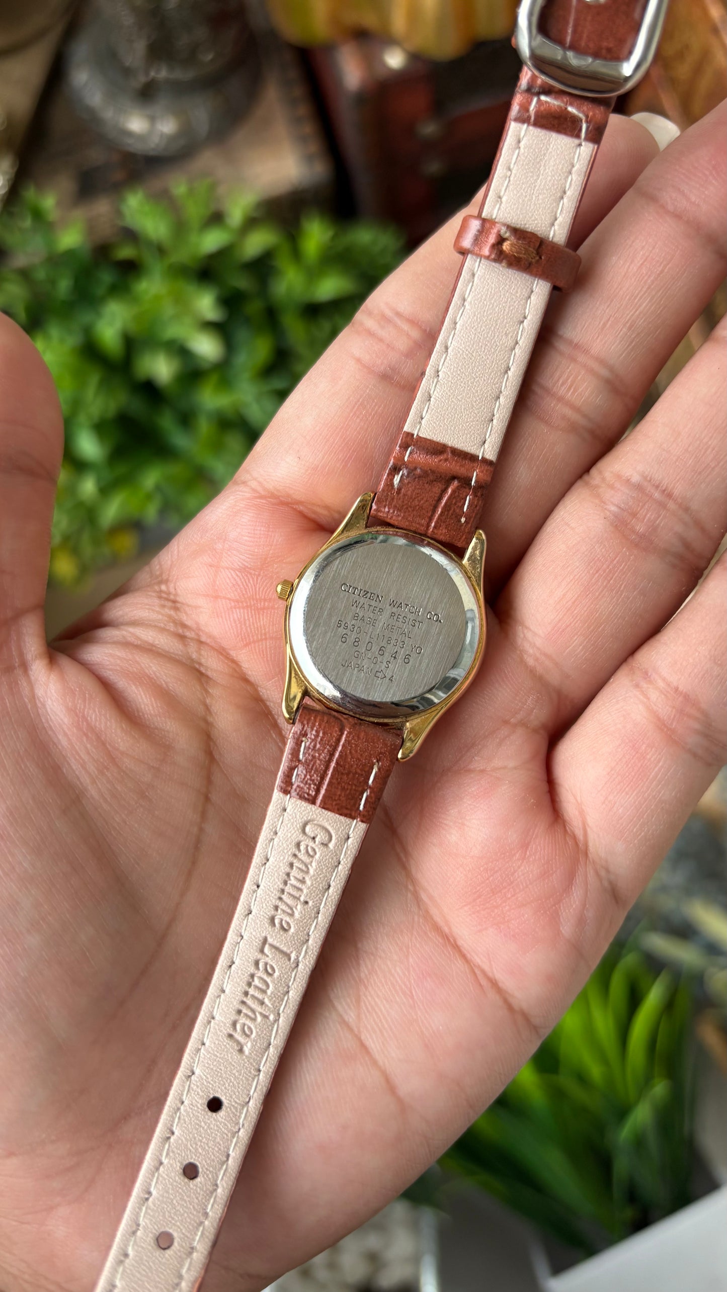 Dainty Vintage Isis Citizen Classic Watch in Gold Tone Honey Brown Leather Quartz #00916