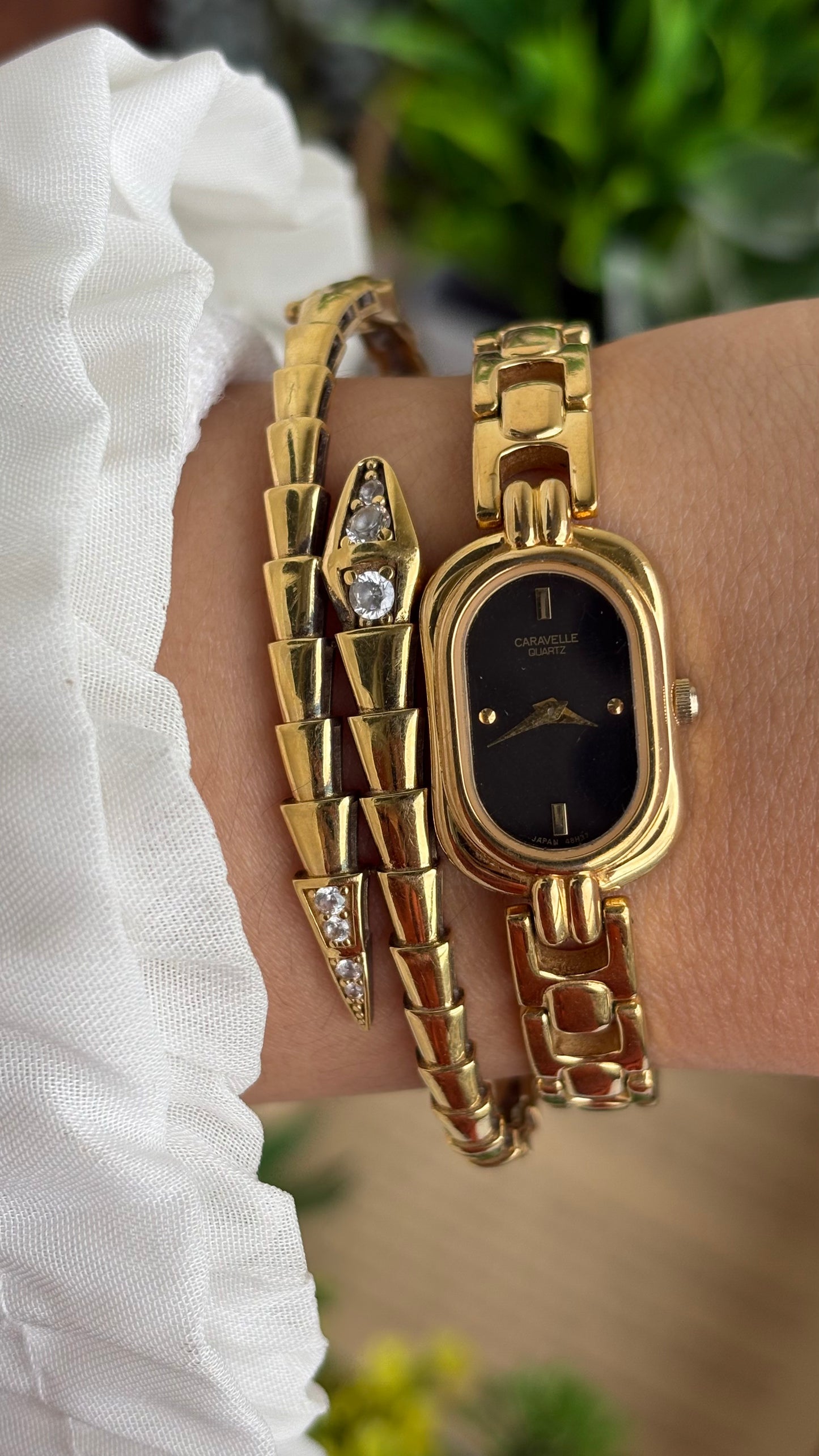 Extremely Rare Caravelle by Bulova Watch in Gold Tone Black Oval Dial