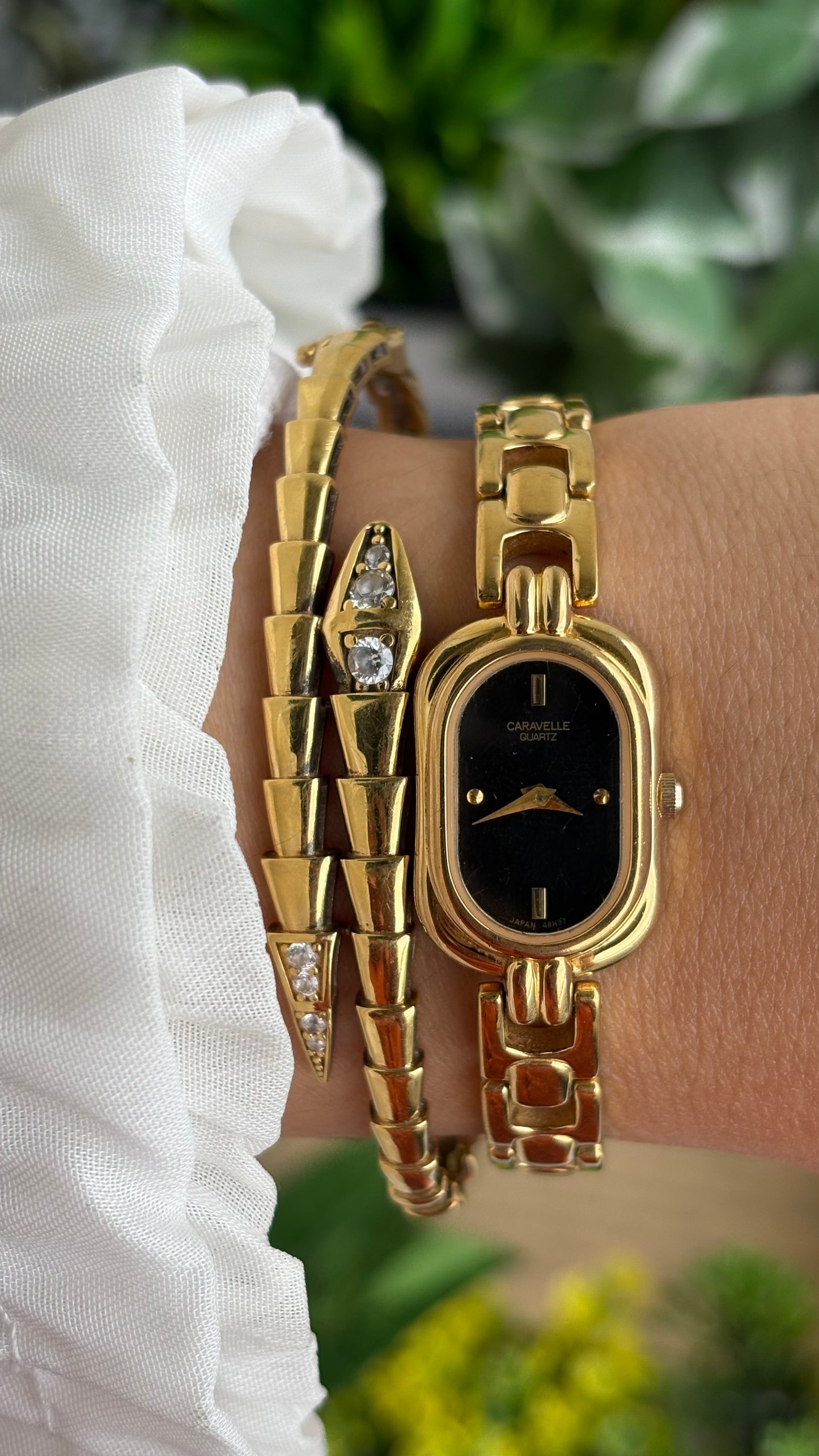 Extremely Rare Caravelle by Bulova Watch in Gold Tone Black Oval Dial