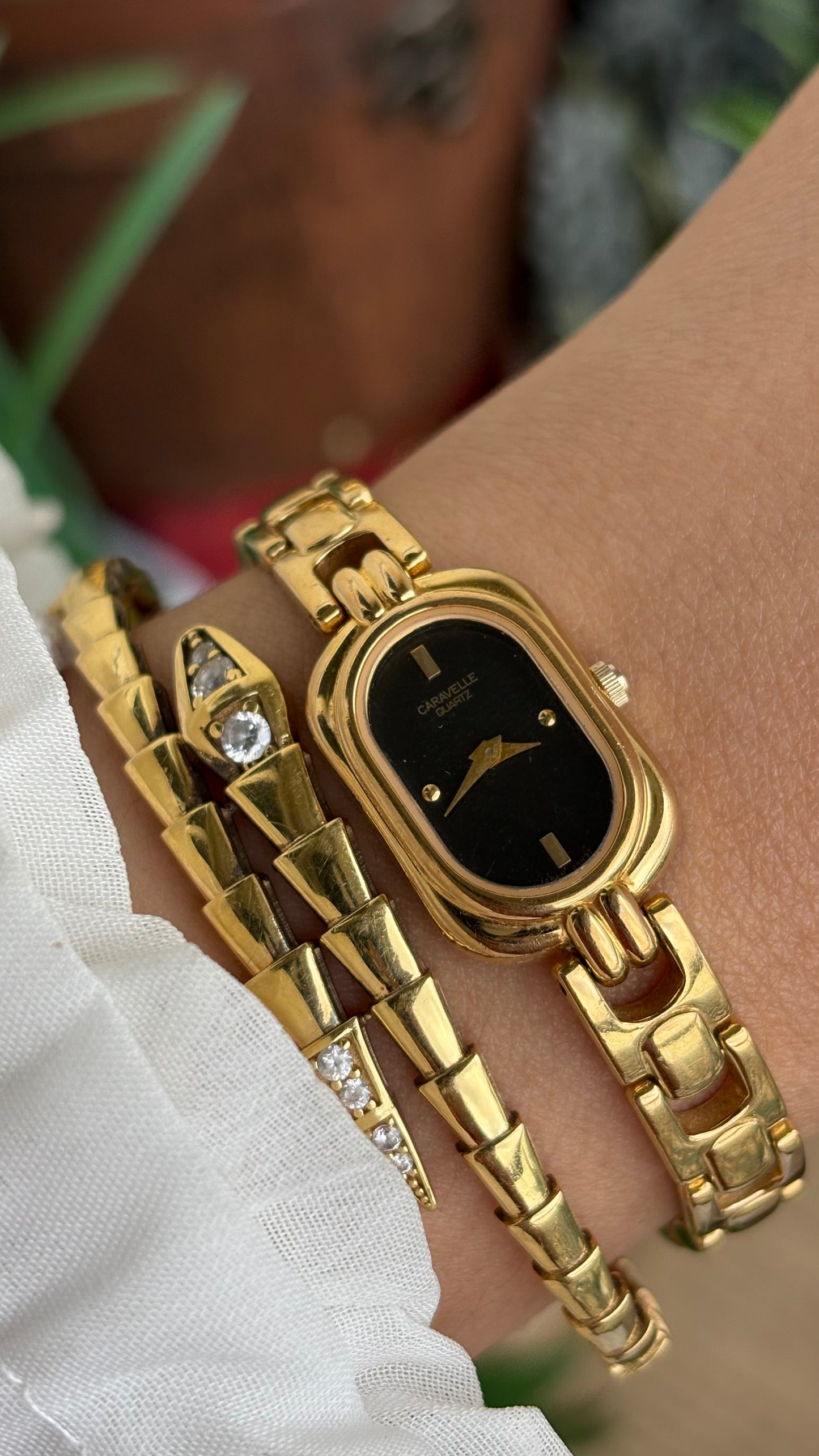 Extremely Rare Caravelle by Bulova Watch in Gold Tone Black Oval Dial