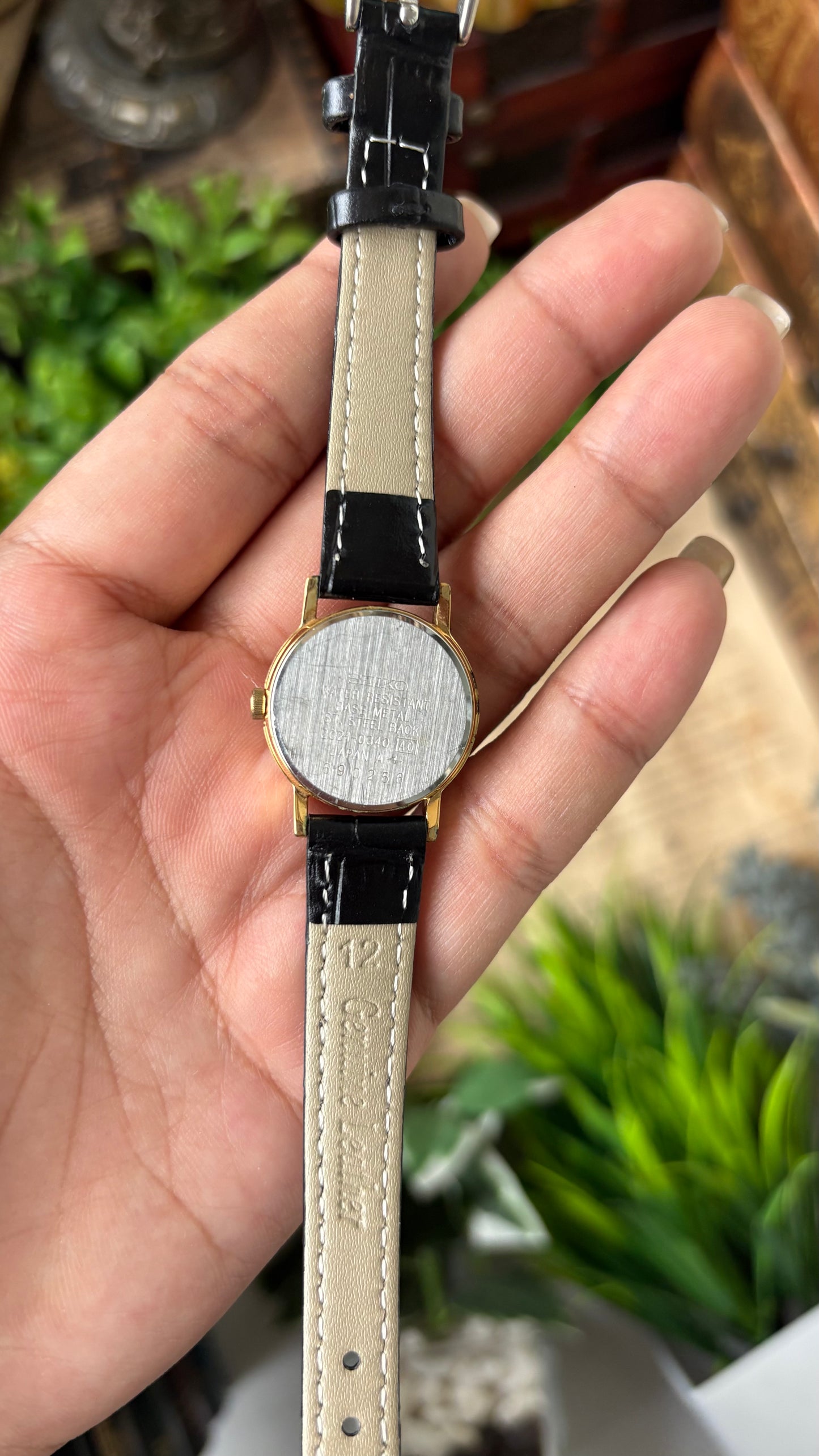 Dainty Vintage Seiko Yellow Gold Dial Minimalist Watch in Gold Tone Black Leather #00938