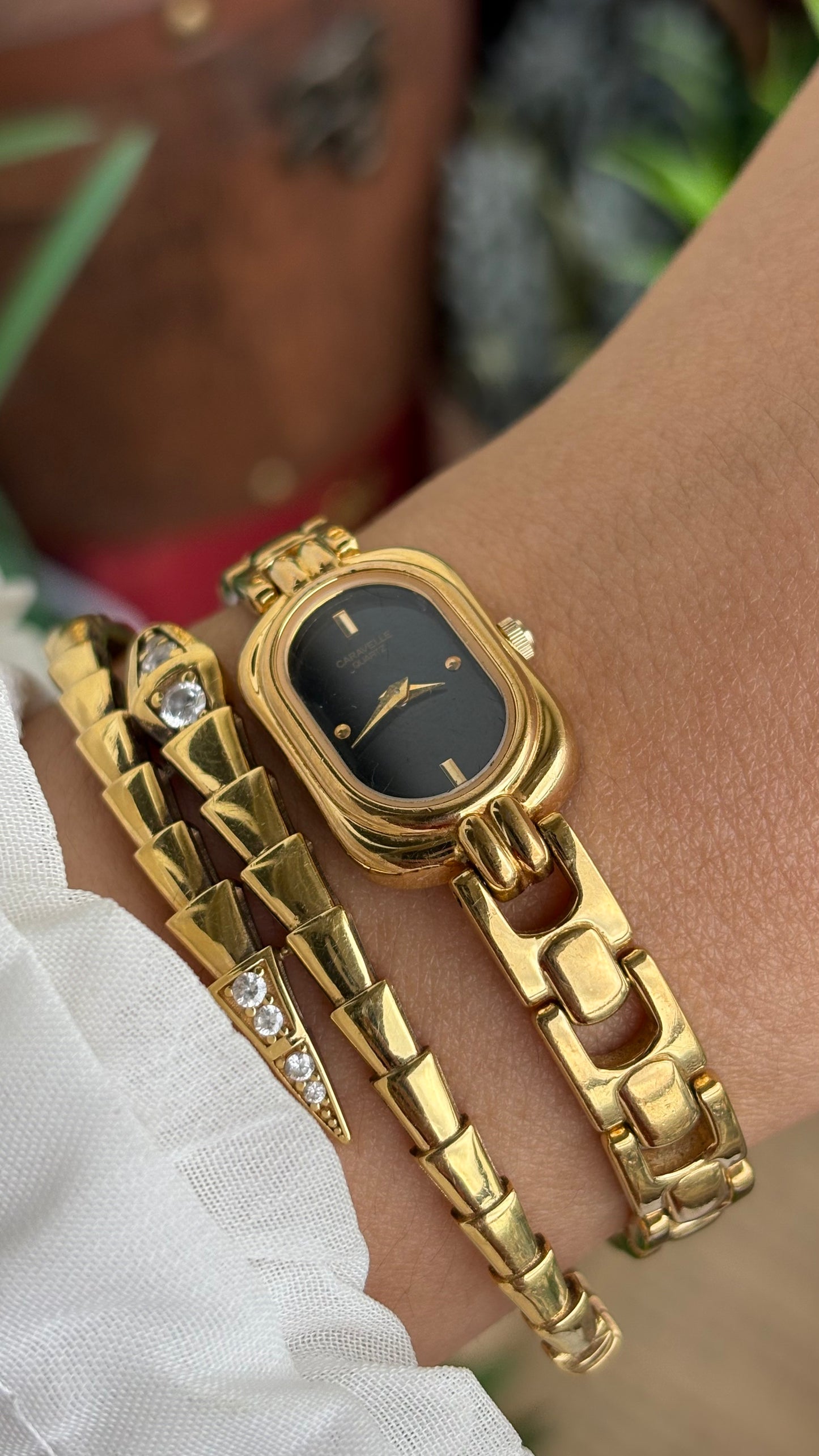 Extremely Rare Caravelle by Bulova Watch in Gold Tone Black Oval Dial