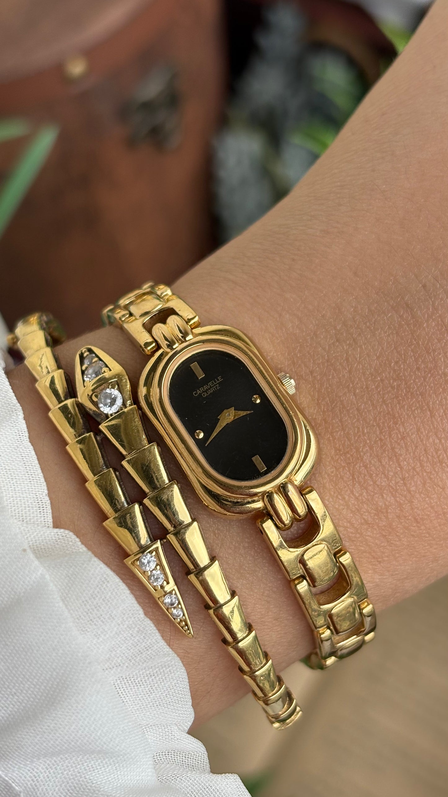 Extremely Rare Caravelle by Bulova Watch in Gold Tone Black Oval Dial