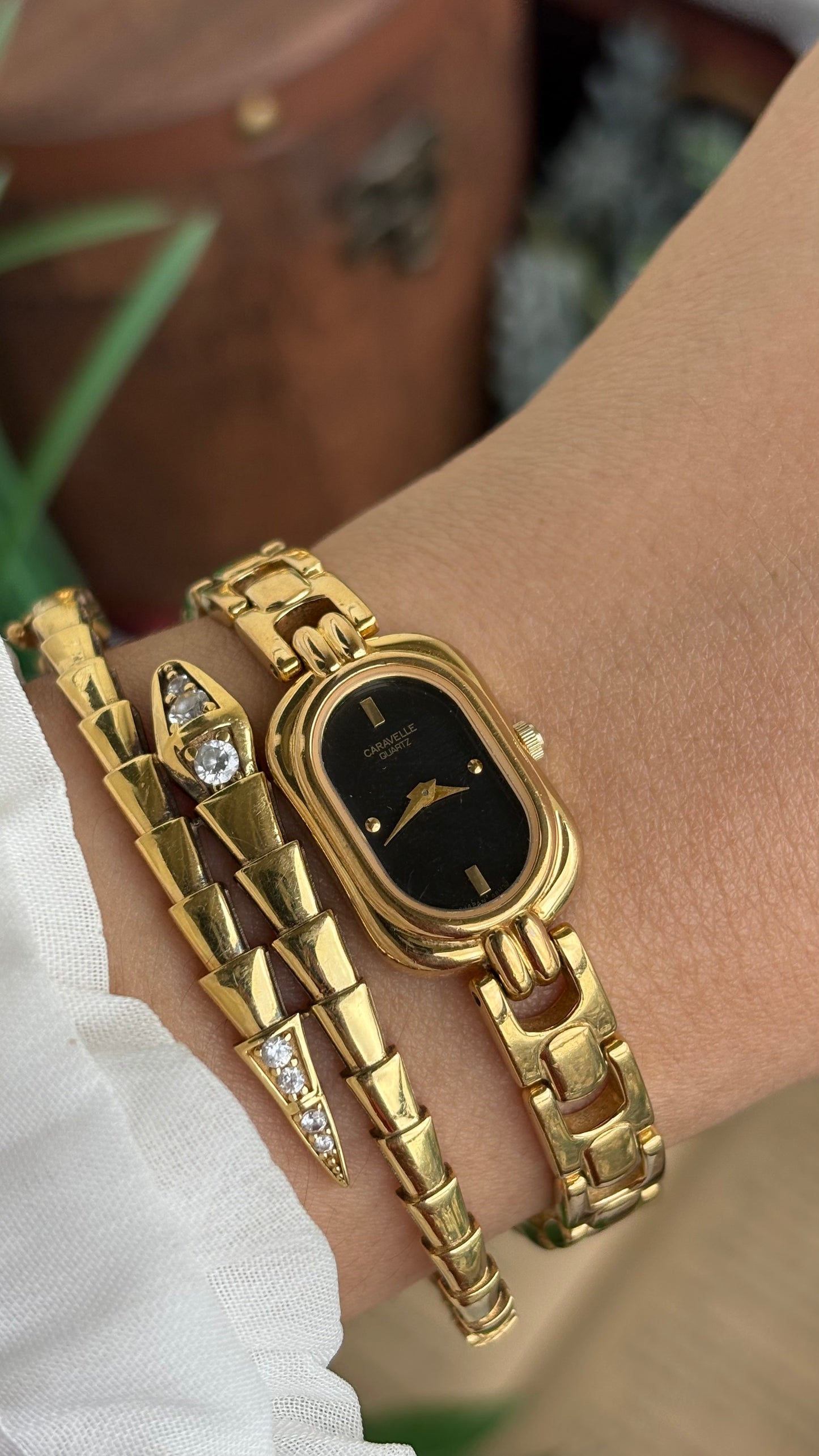 Extremely Rare Caravelle by Bulova Watch in Gold Tone Black Oval Dial