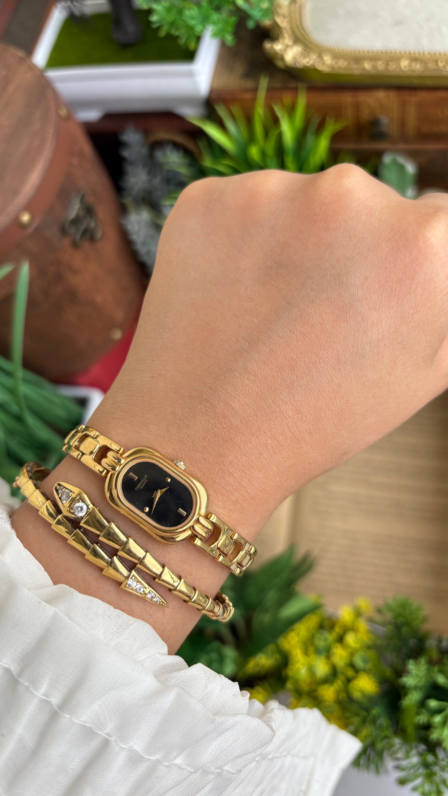 Extremely Rare Caravelle by Bulova Watch in Gold Tone Black Oval Dial