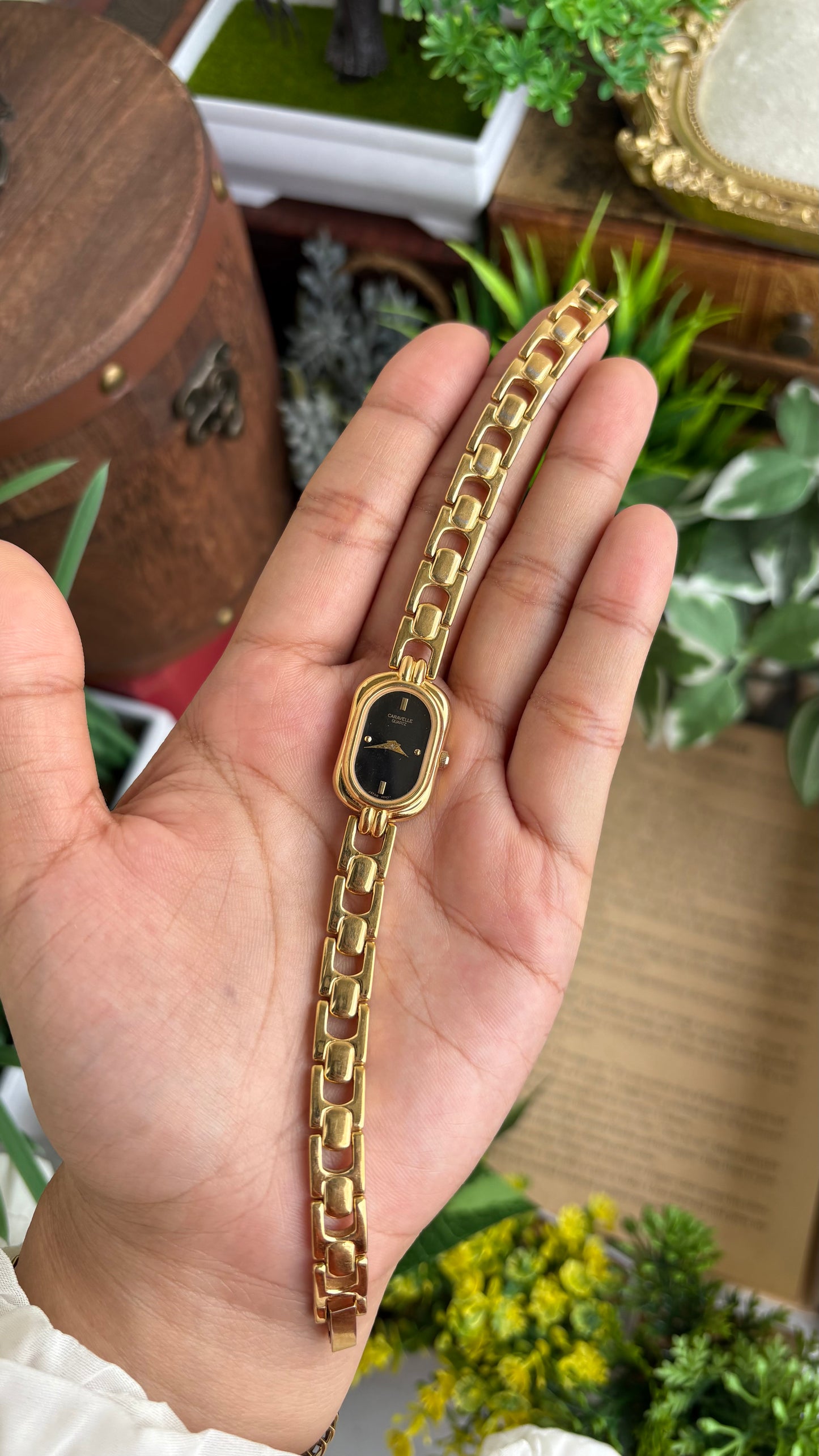 Extremely Rare Caravelle by Bulova Watch in Gold Tone Black Oval Dial