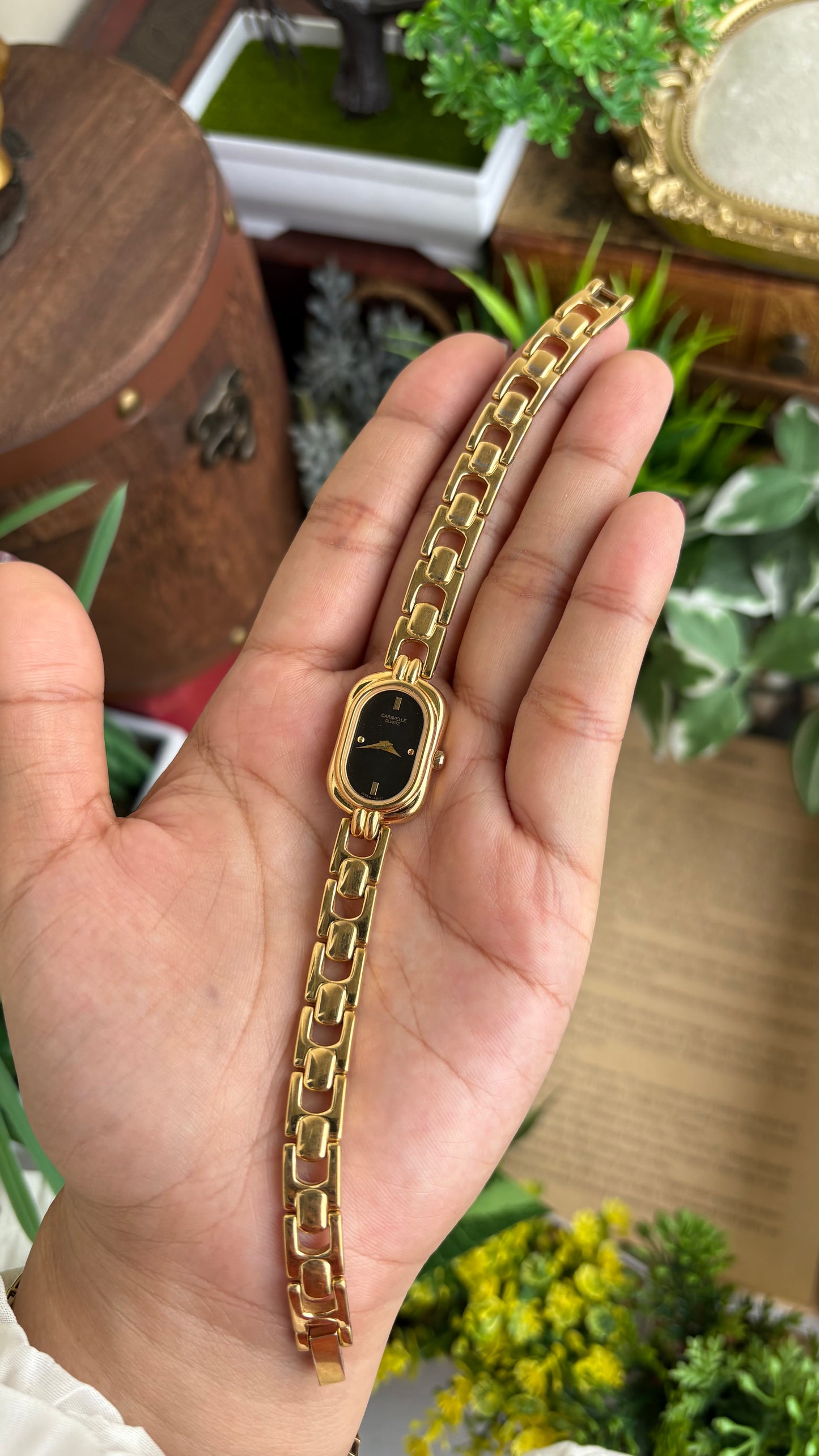 Extremely Rare Caravelle by Bulova Watch in Gold Tone Black Oval Dial