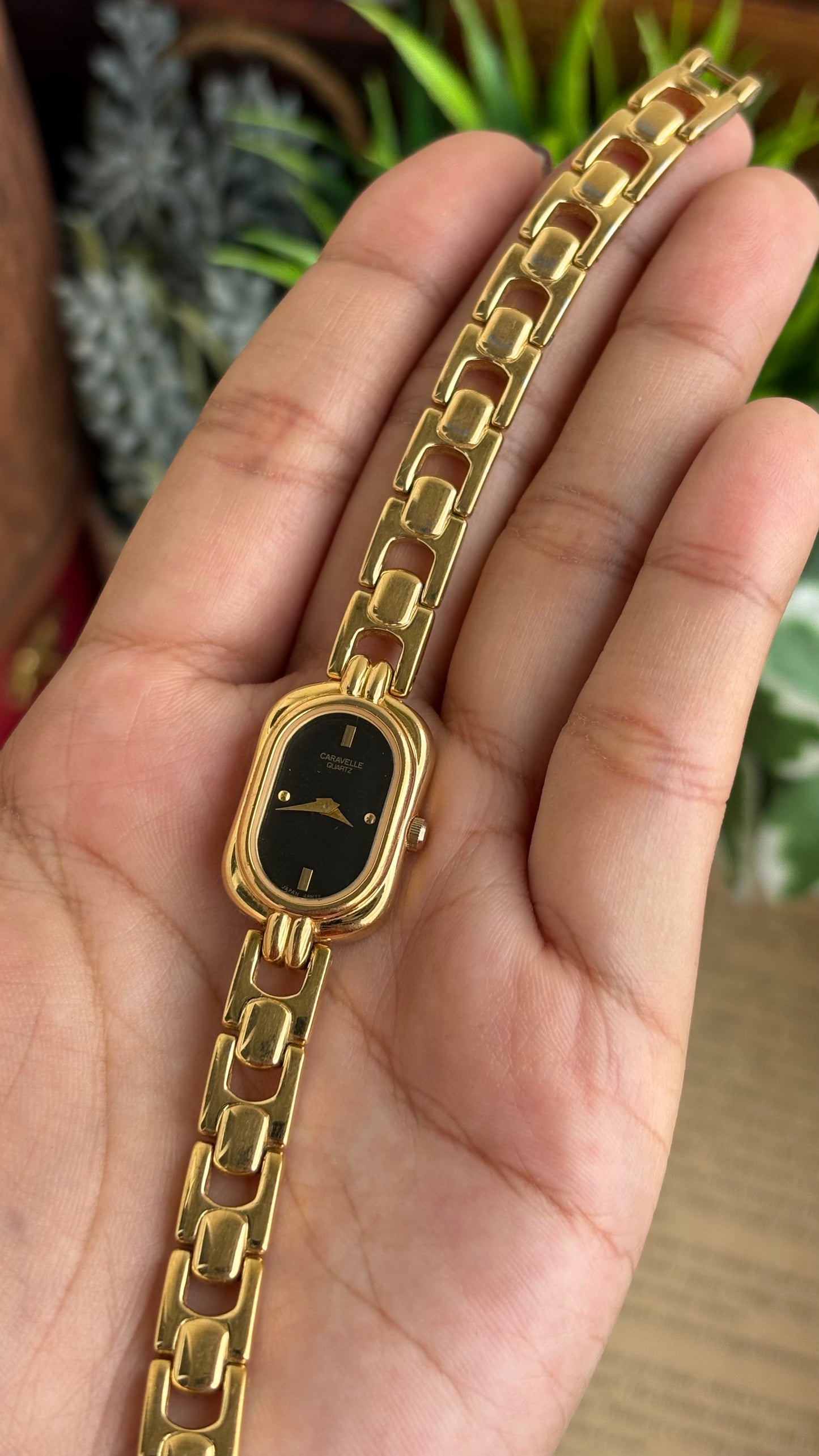 Extremely Rare Caravelle by Bulova Watch in Gold Tone Black Oval Dial