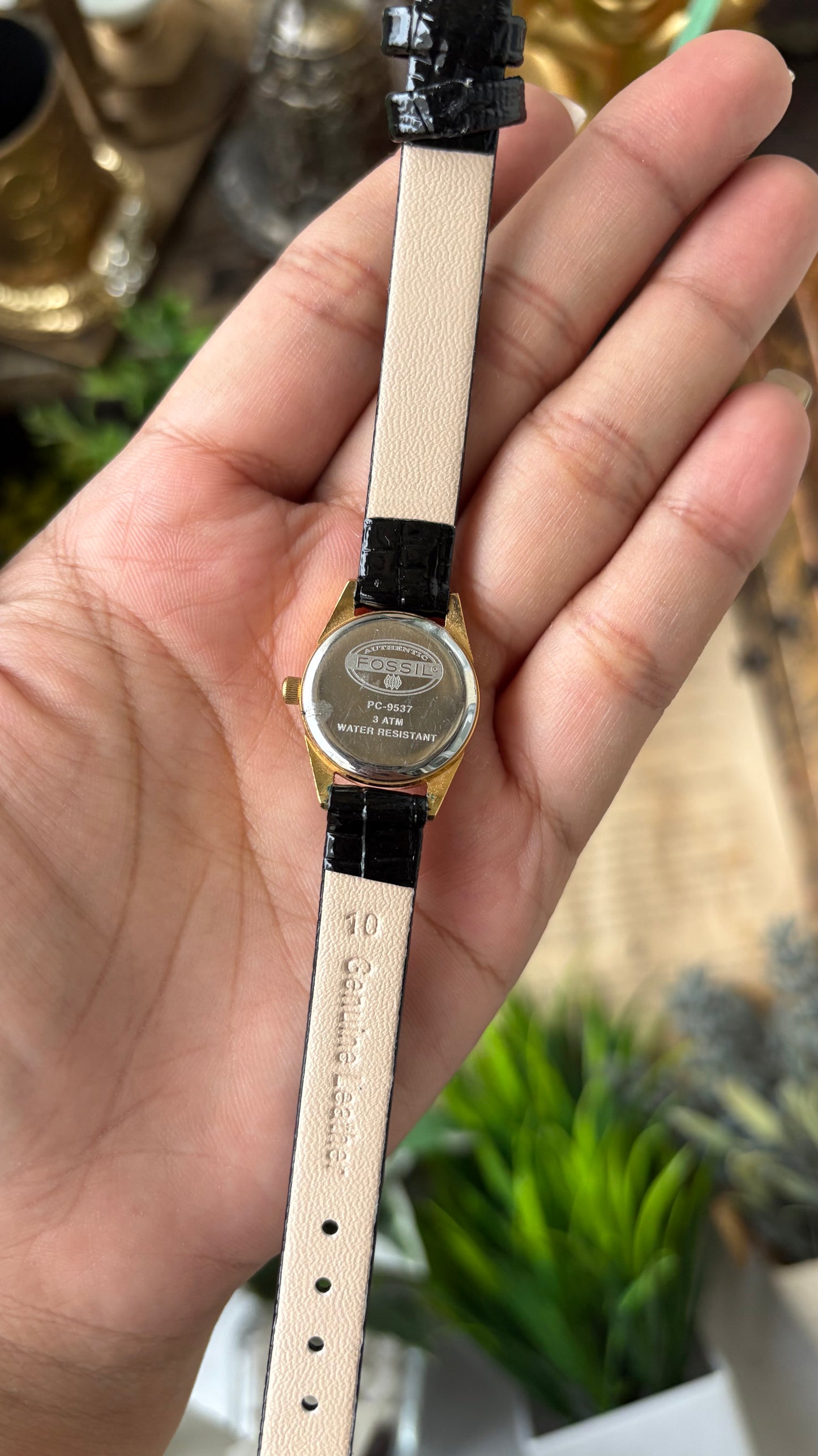 Rare Super Dainty Fossil Minimalist Diacut Glass Watch in Gold Tone Black Leather Quartz #00939