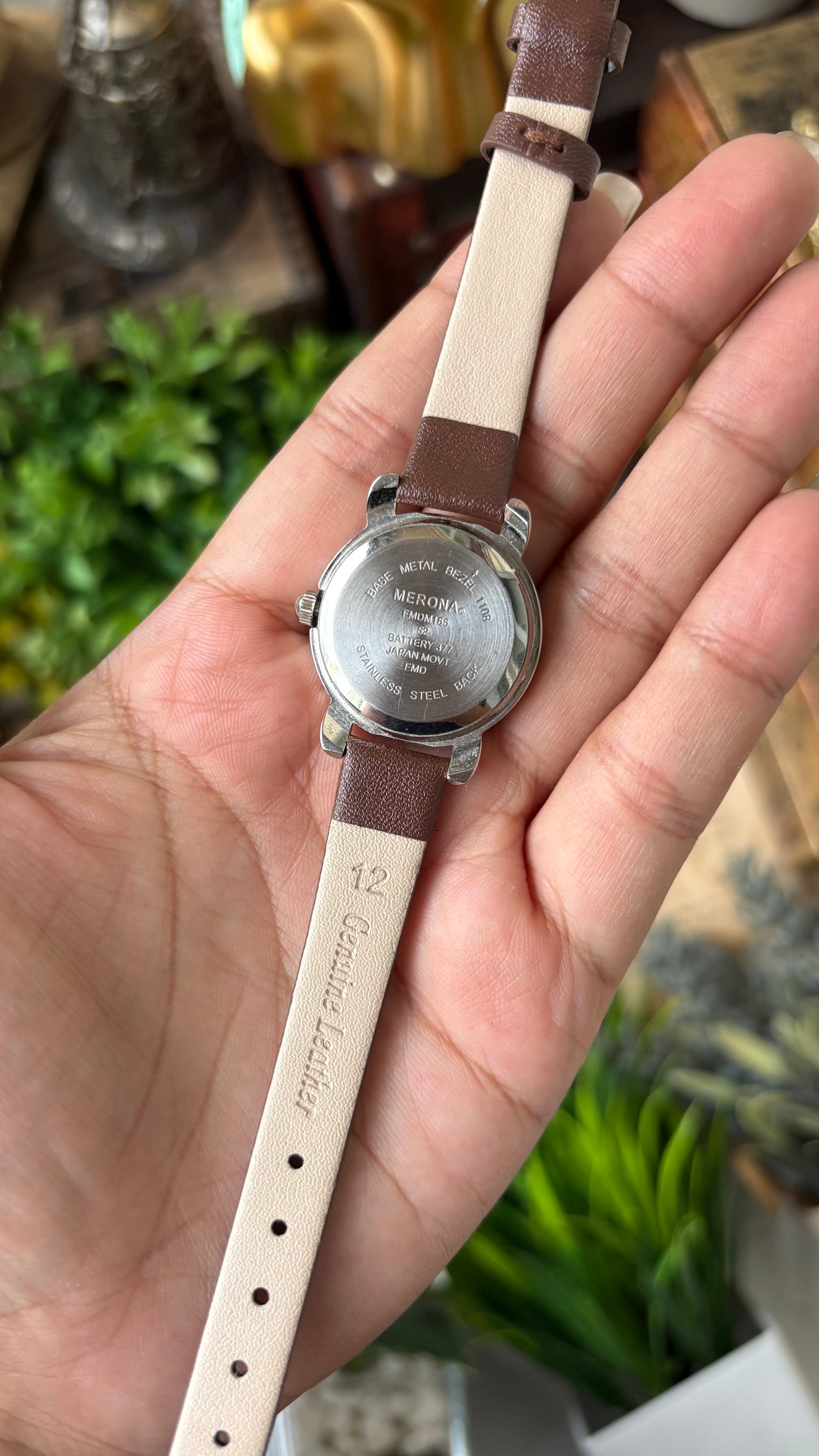 Vintage Merona Rhinestone Bezel Zigzag Dial Watch in Silver Tone Brown Leather Quartz #00943