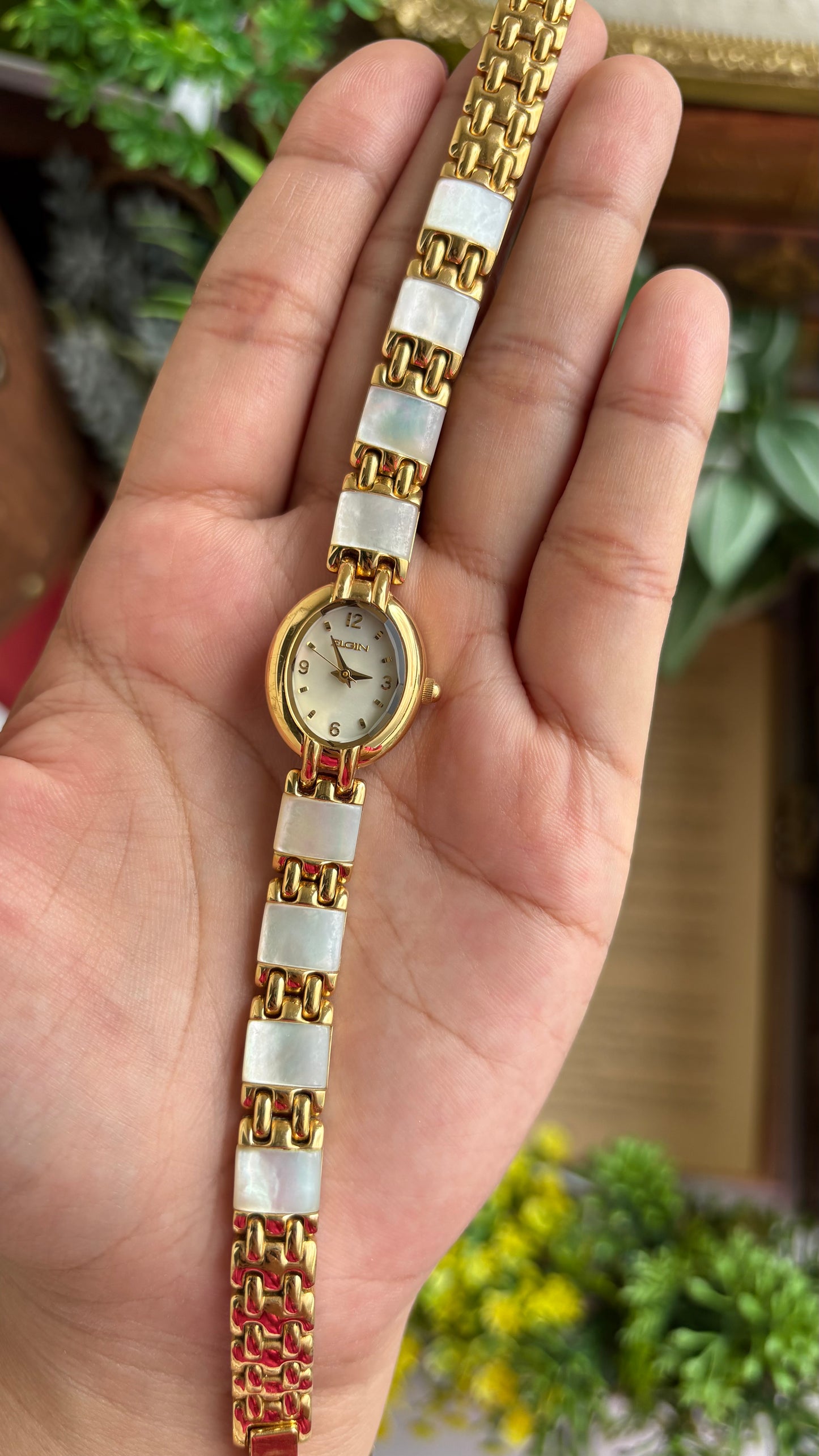 Extremely Rare Vintage Elgin Watch in Gold Tone Mother of Pearl Dial Shell Bracelet