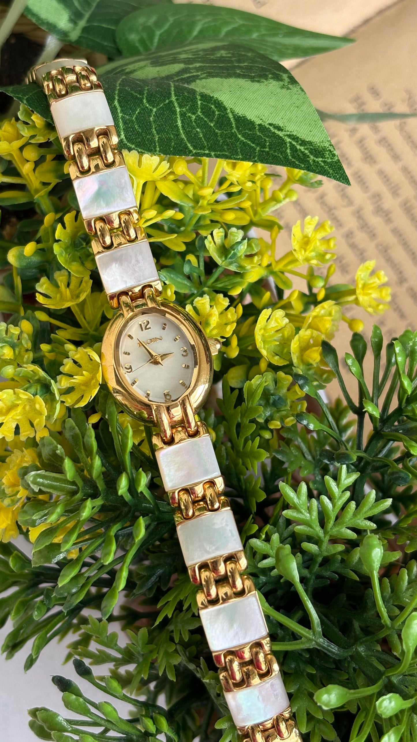 Extremely Rare Vintage Elgin Watch in Gold Tone Mother of Pearl Dial Shell Bracelet