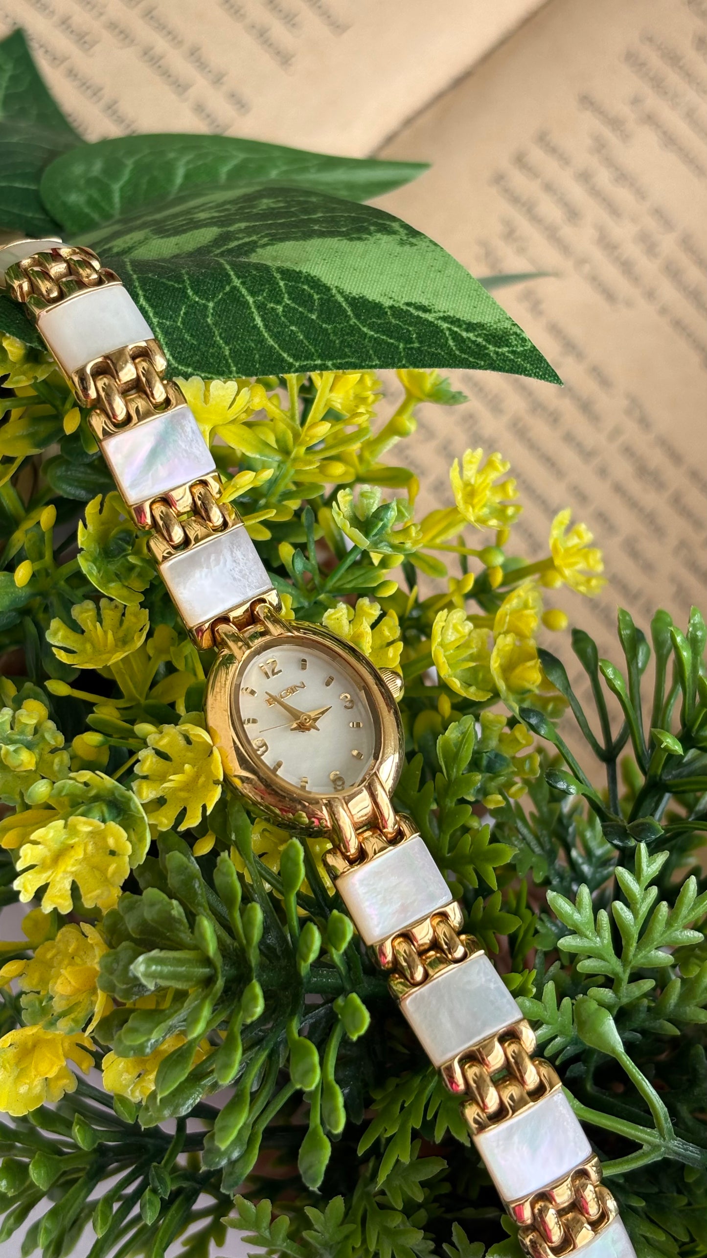 Extremely Rare Vintage Elgin Watch in Gold Tone Mother of Pearl Dial Shell Bracelet