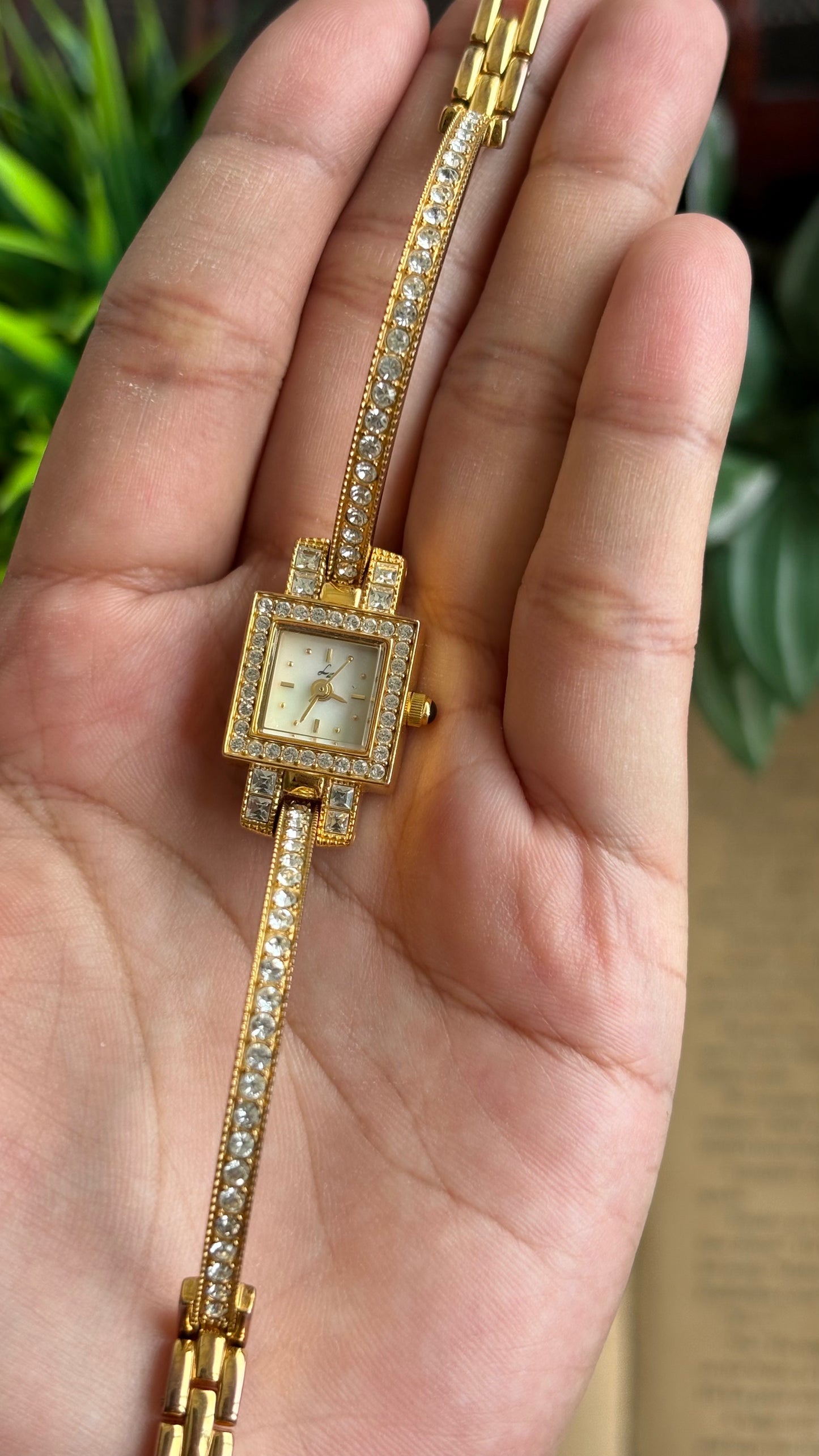 Vintage LZ Fine Jewelry Swiss Tennis Bracelet Watch in Gold Tone Mother of Pearl Dial