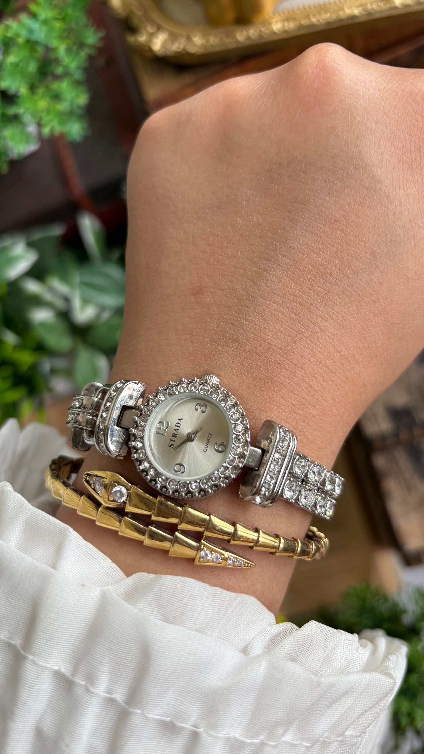 Extremely Rare Vintage Strada Bejeweled Tennis Bracelet Watch in Silver Tone