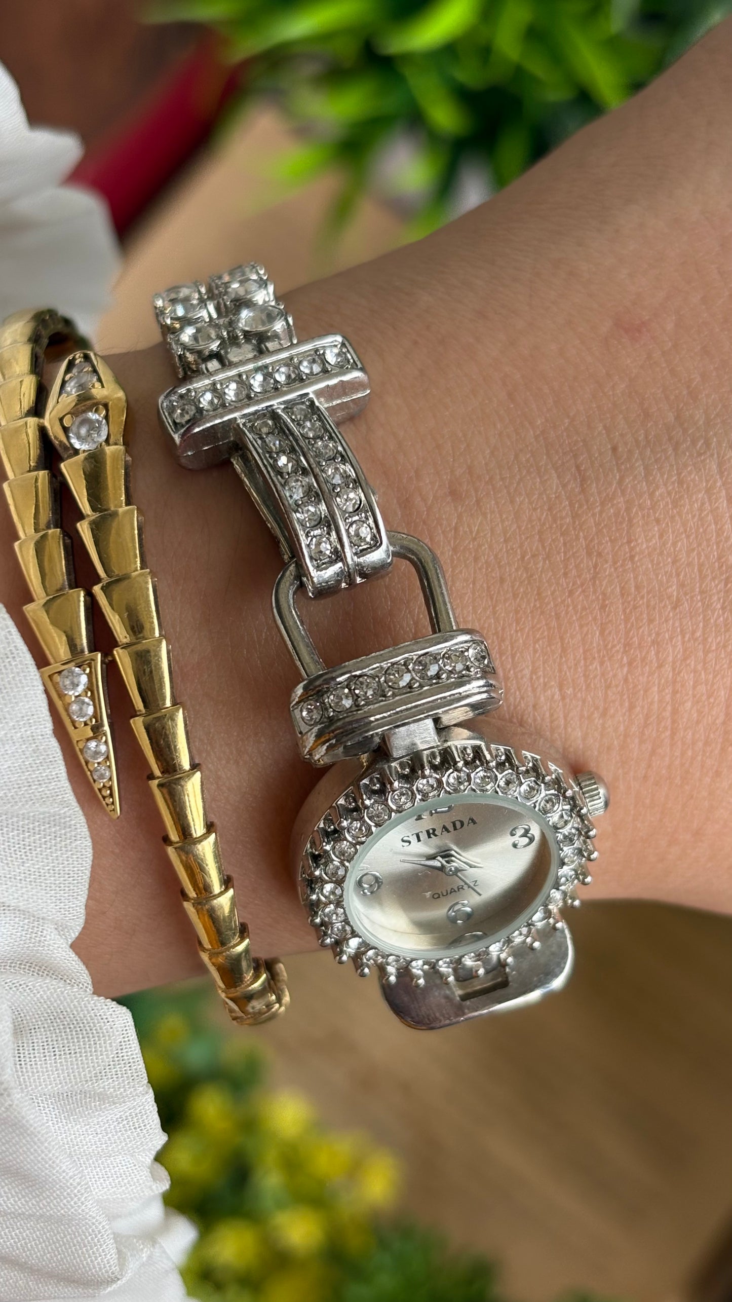 Extremely Rare Vintage Strada Bejeweled Tennis Bracelet Watch in Silver Tone