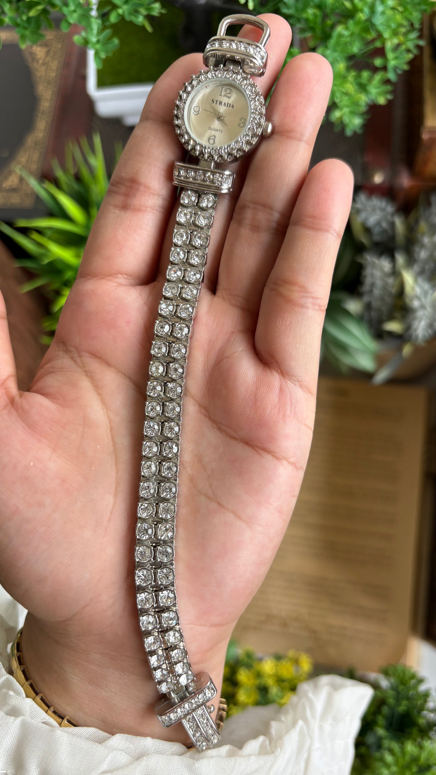 Extremely Rare Vintage Strada Bejeweled Tennis Bracelet Watch in Silver Tone