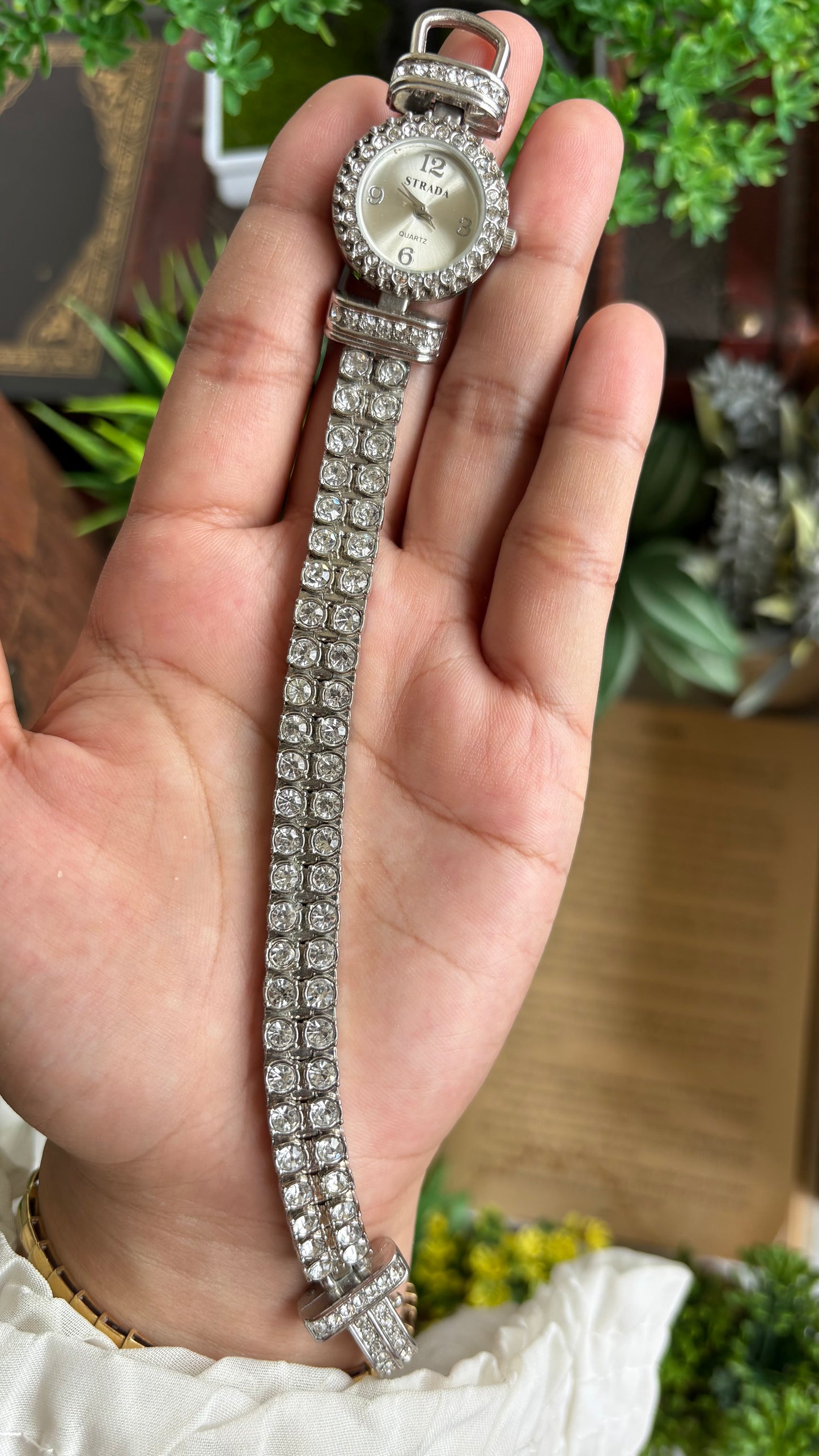 Extremely Rare Vintage Strada Bejeweled Tennis Bracelet Watch in Silver Tone