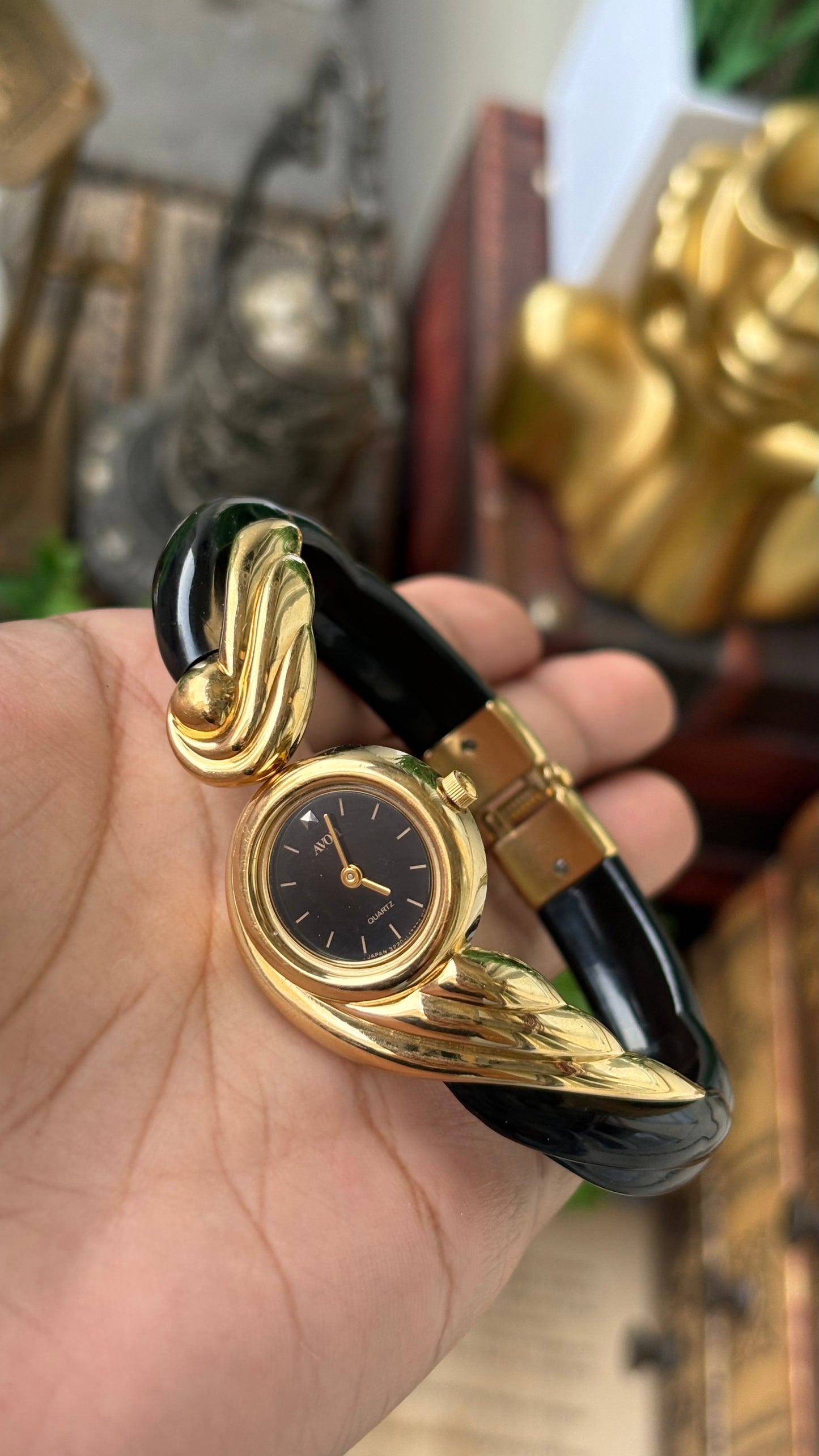 Extremely Rare Vintage Avon Goddess Watch in Gold Tone Black Acrylic Accent Black Dial Quartz #00807
