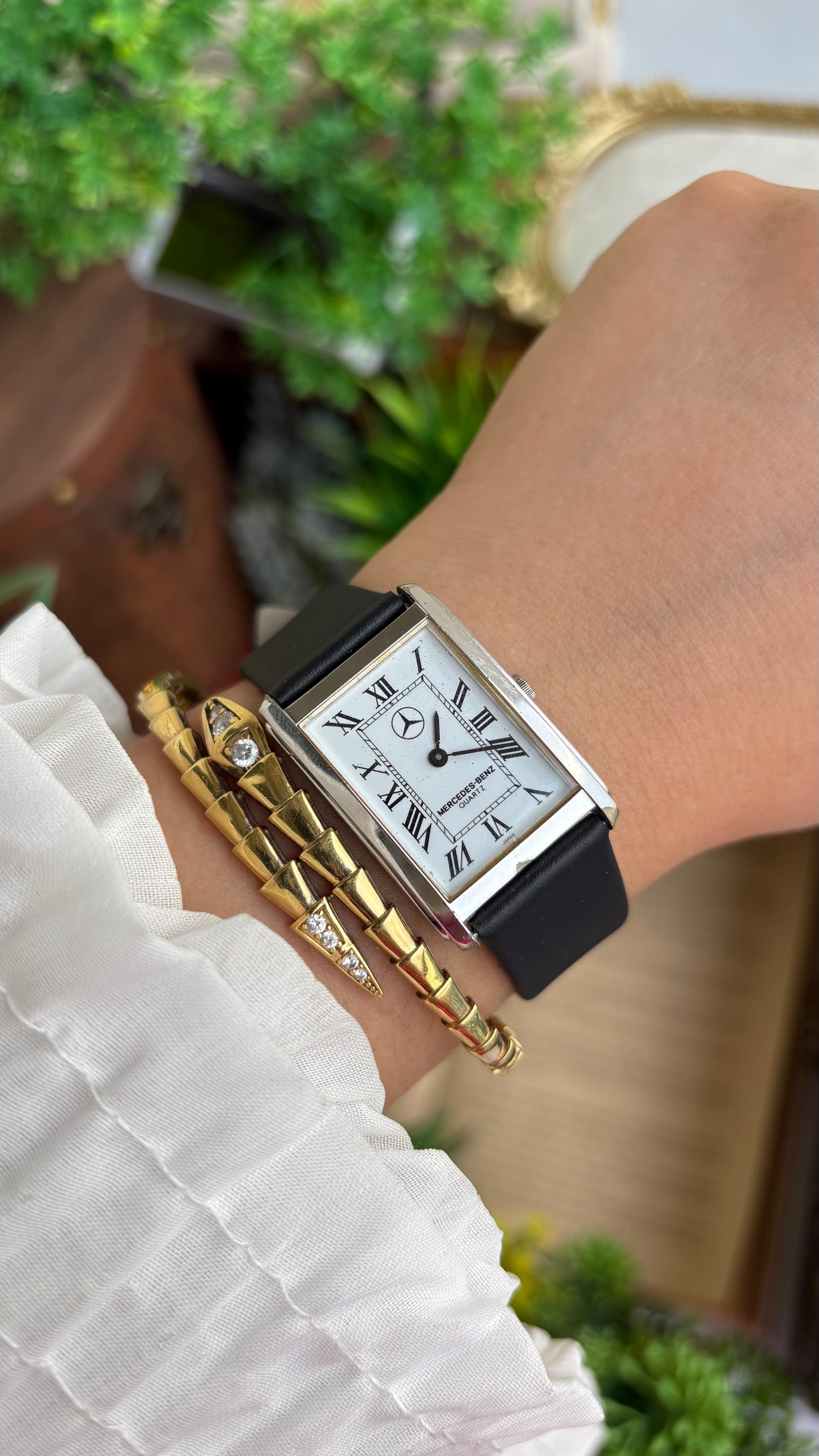 Extremely Rare Vintage Marcedes-Benz Unisex Tank Watch in Leather Strap Roman Dial