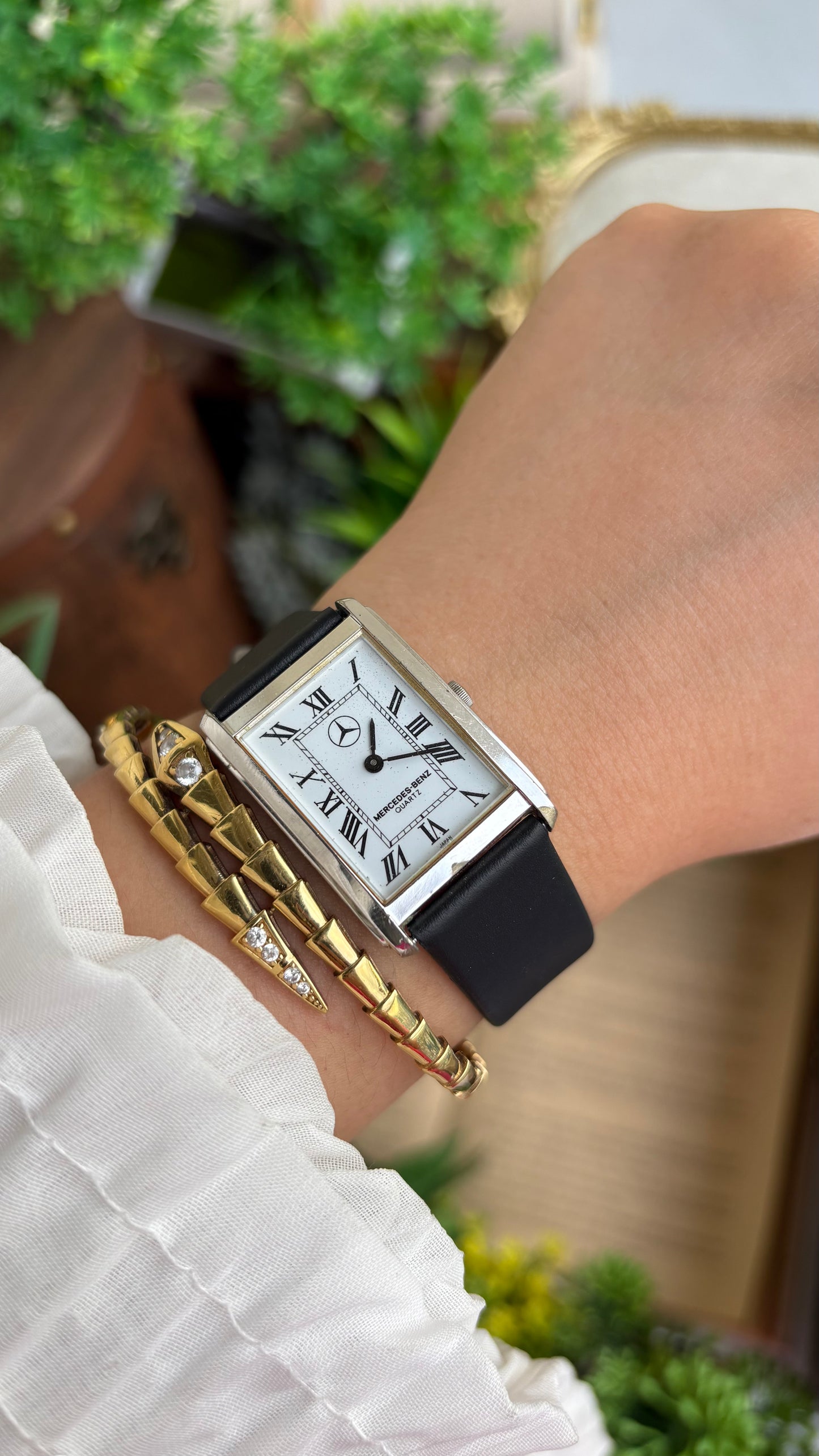 Extremely Rare Vintage Marcedes-Benz Unisex Tank Watch in Leather Strap Roman Dial