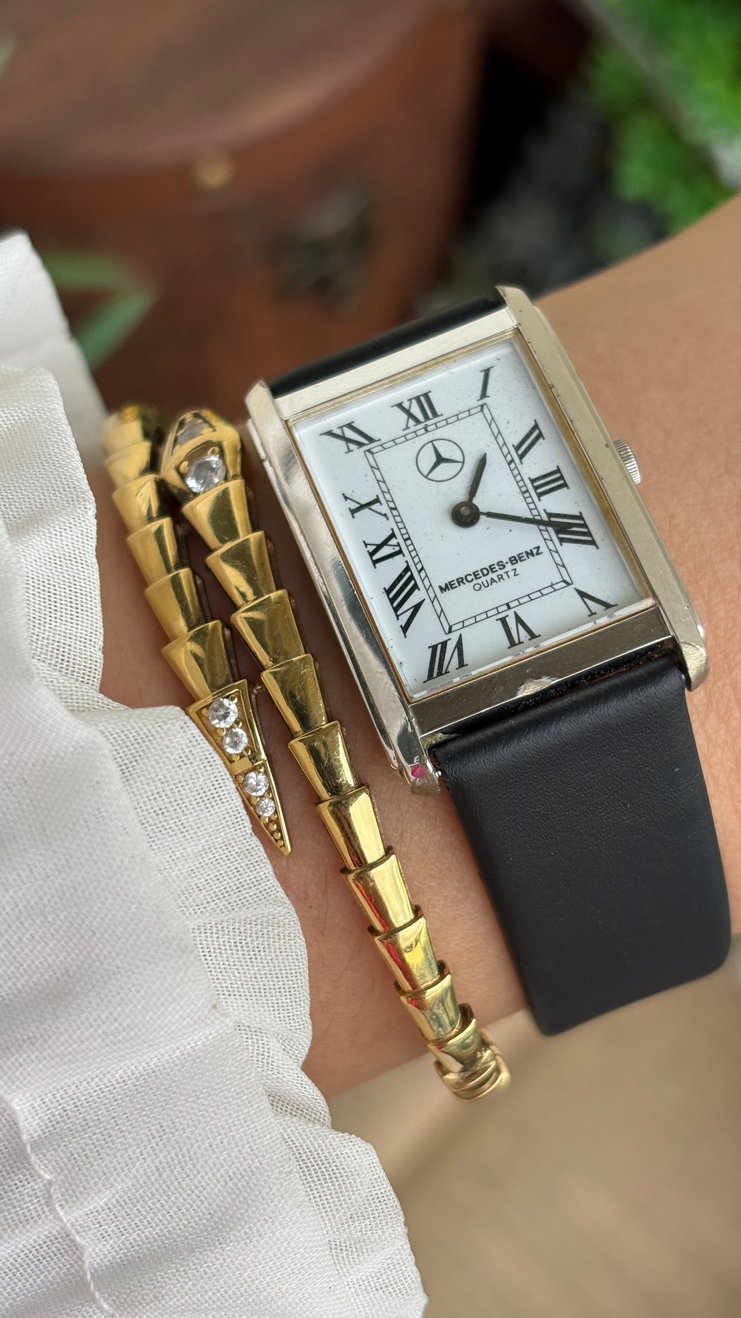 Extremely Rare Vintage Marcedes-Benz Unisex Tank Watch in Leather Strap Roman Dial