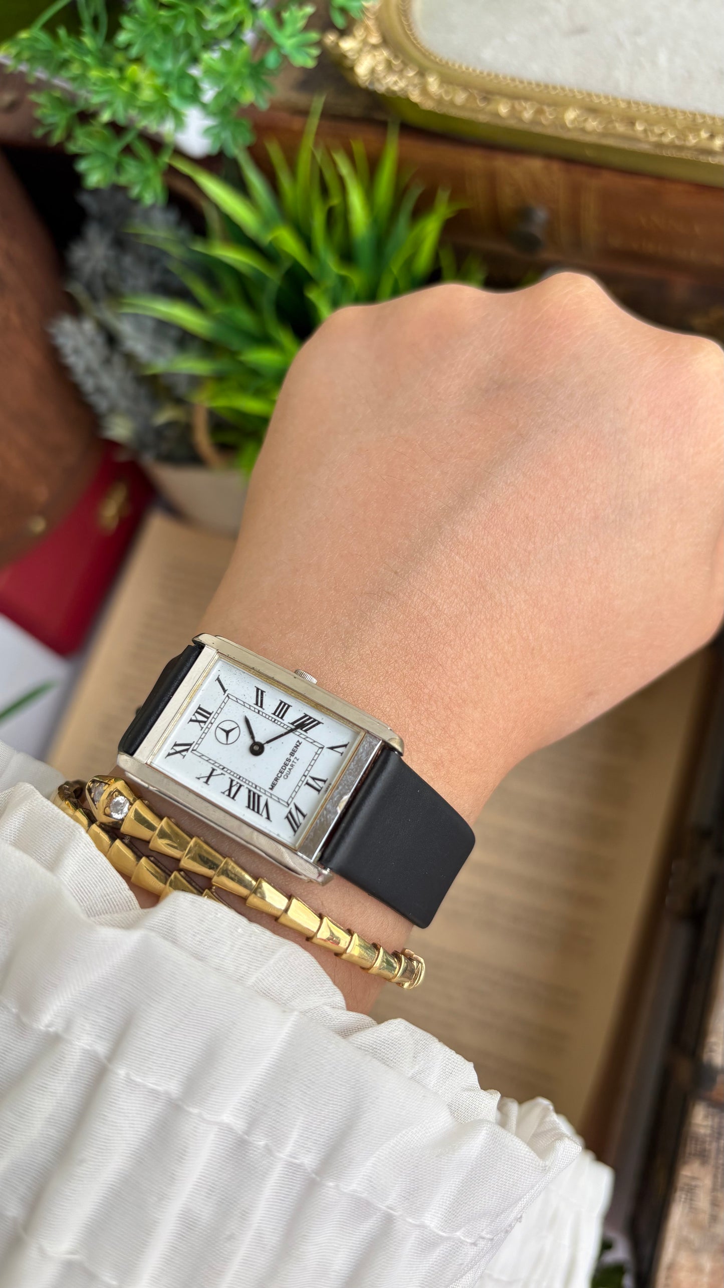 Extremely Rare Vintage Marcedes-Benz Unisex Tank Watch in Leather Strap Roman Dial