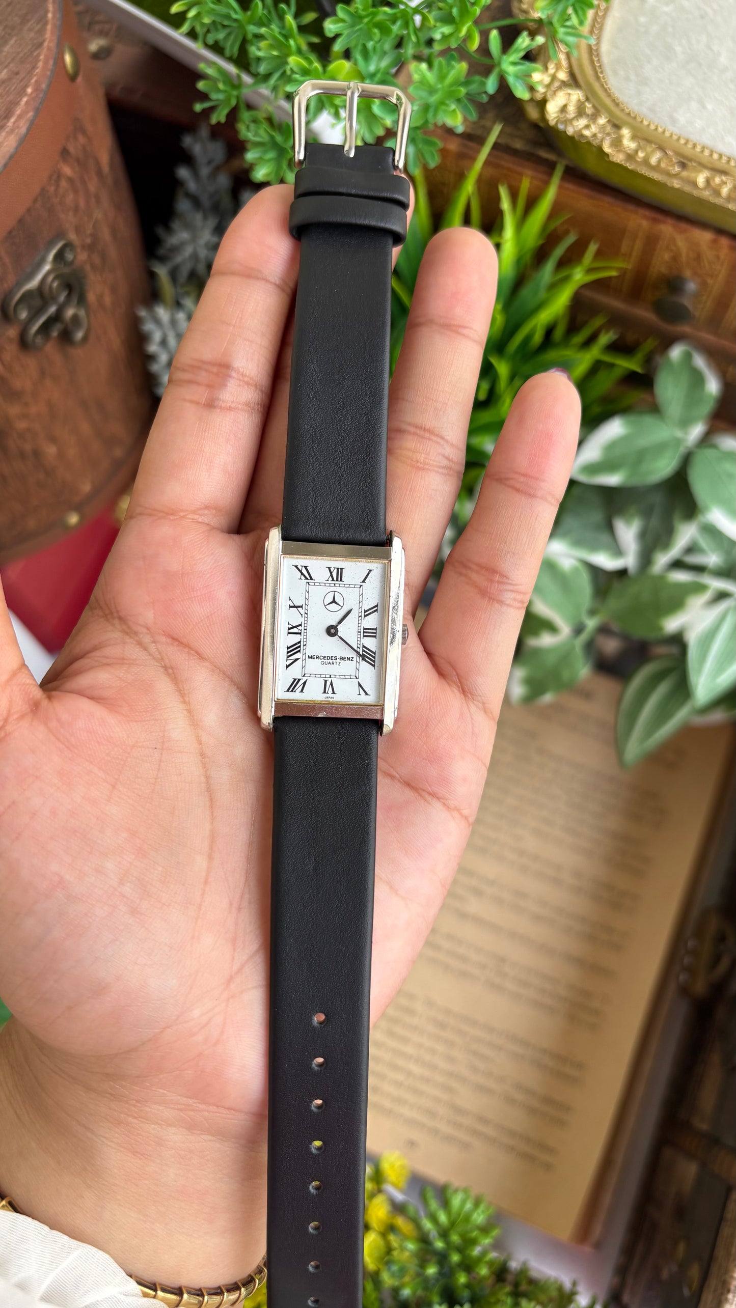 Extremely Rare Vintage Marcedes-Benz Unisex Tank Watch in Leather Strap Roman Dial