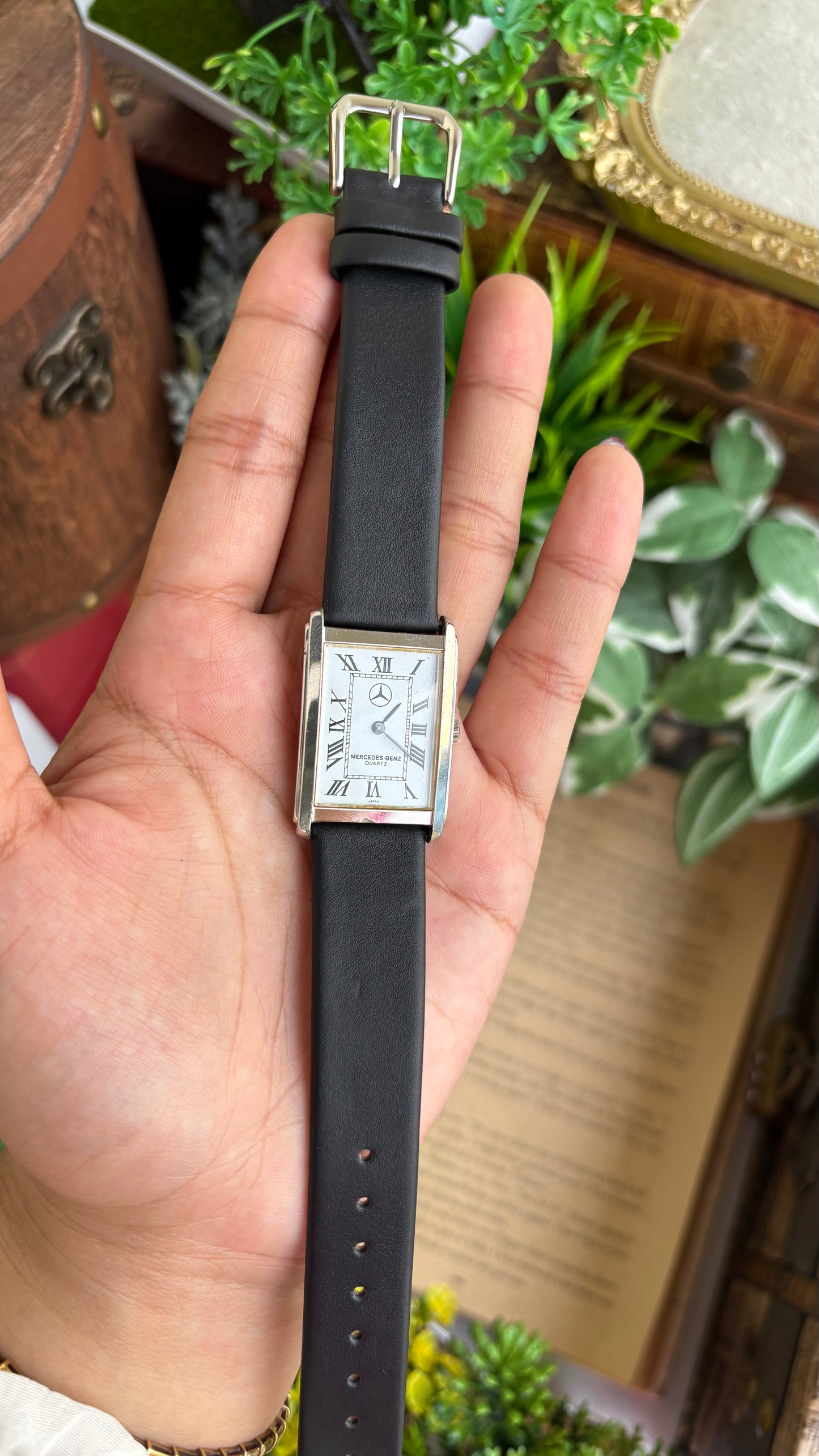 Extremely Rare Vintage Marcedes-Benz Unisex Tank Watch in Leather Strap Roman Dial