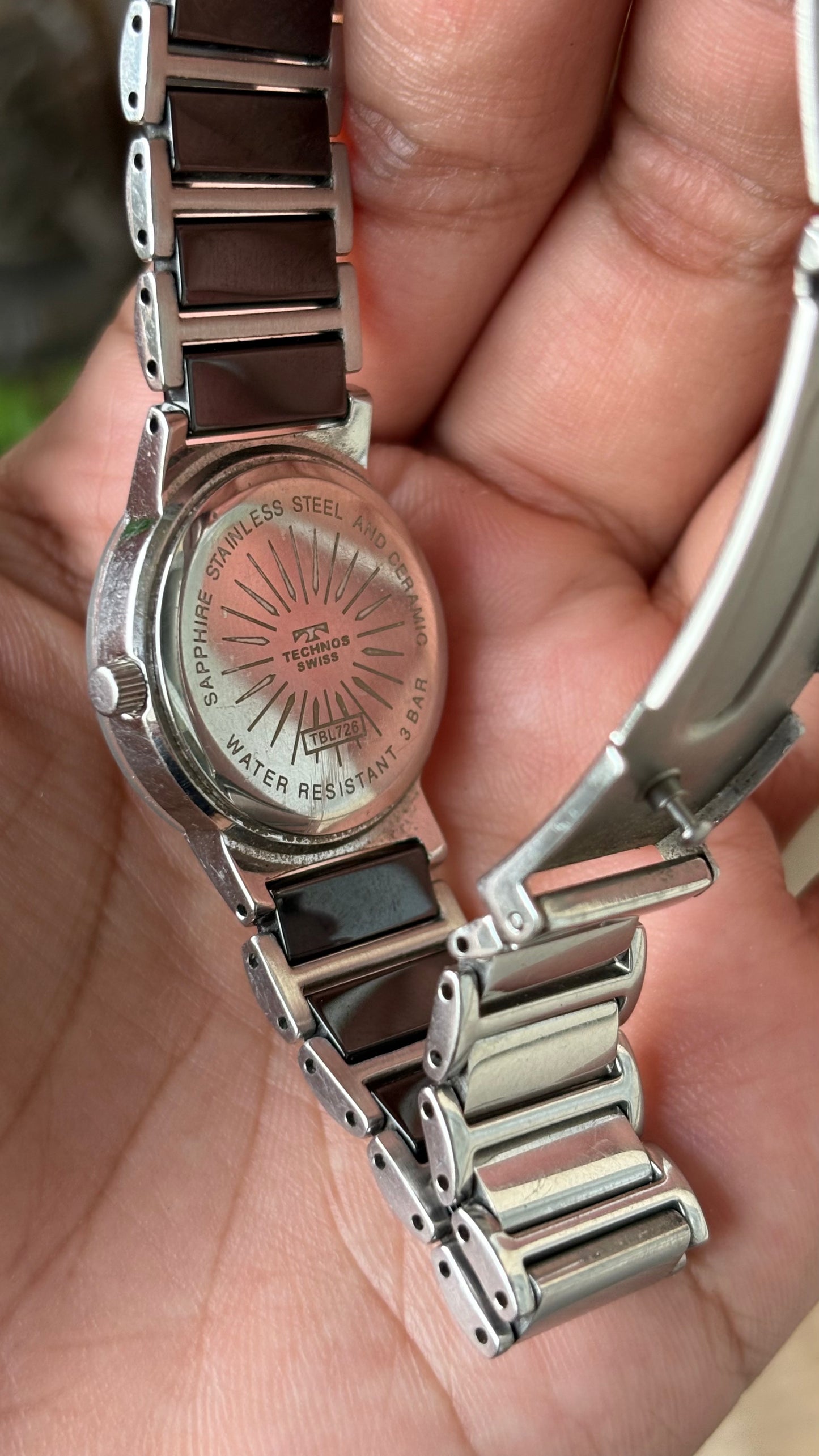Rare Vintage Technos Ceramic Bracelet Sapphire Crystal Glass Watch in Silver Tone Quartz #00805