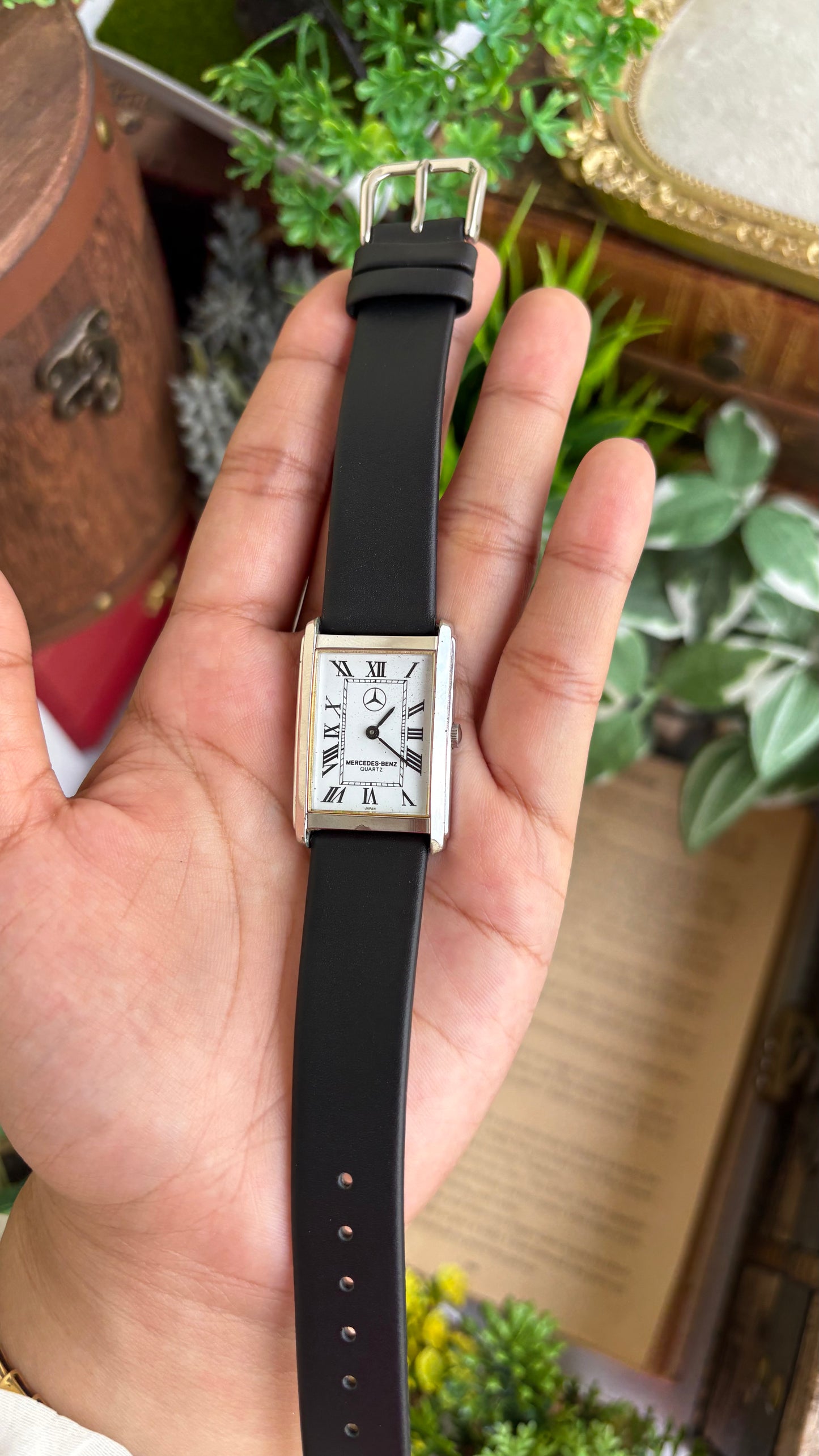 Extremely Rare Vintage Marcedes-Benz Unisex Tank Watch in Leather Strap Roman Dial