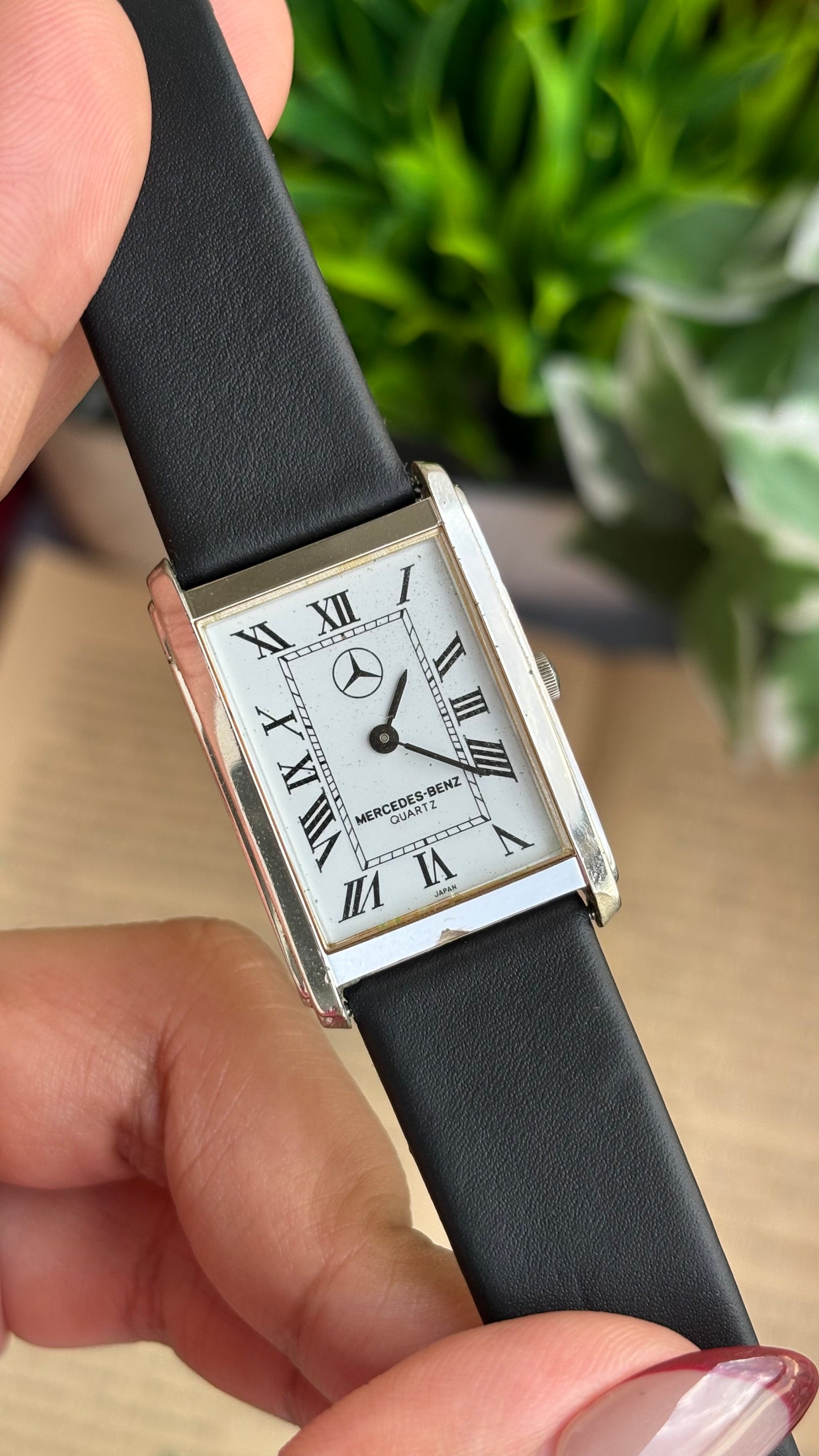 Extremely Rare Vintage Marcedes-Benz Unisex Tank Watch in Leather Strap Roman Dial