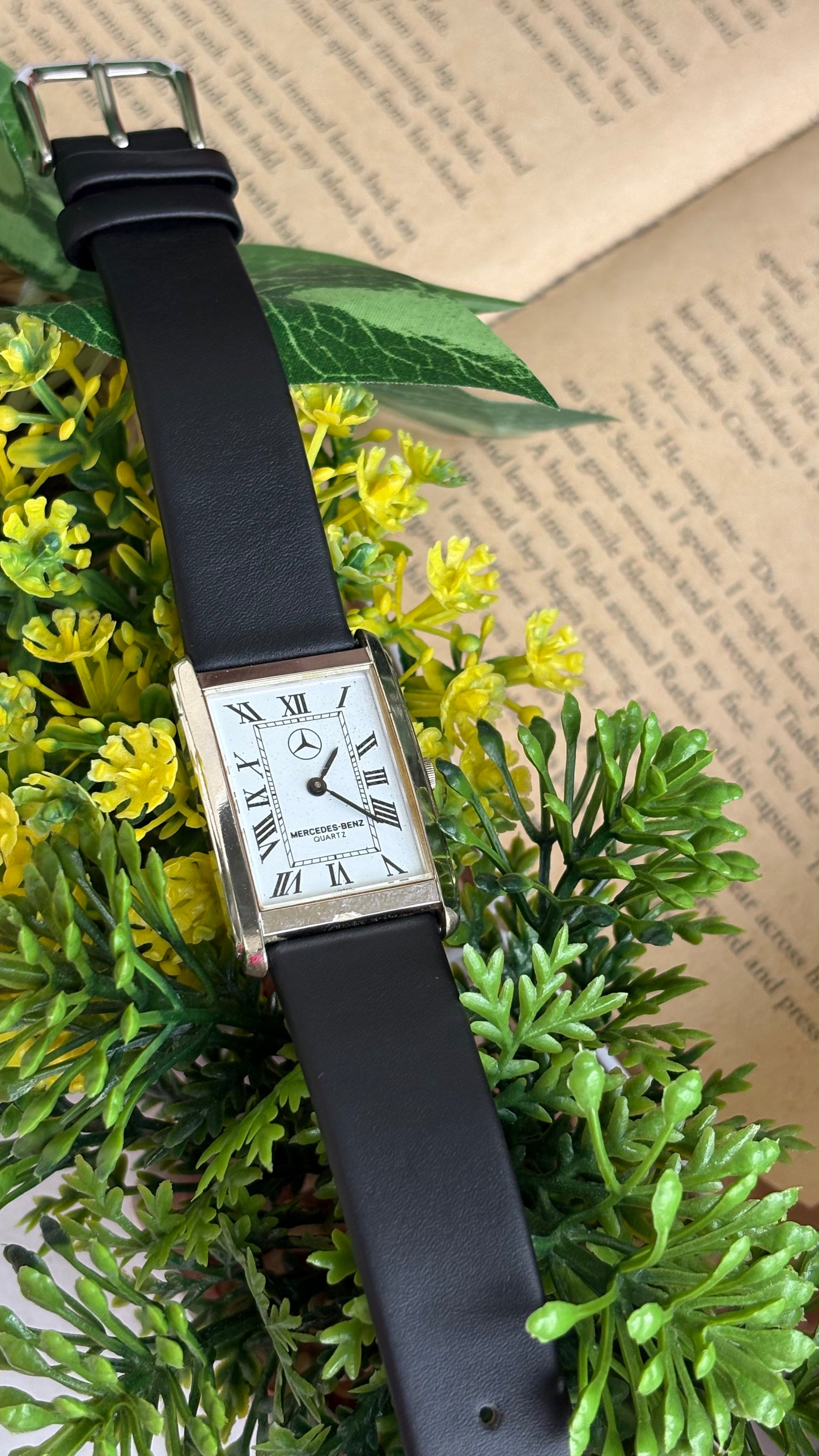 Extremely Rare Vintage Marcedes-Benz Unisex Tank Watch in Leather Strap Roman Dial