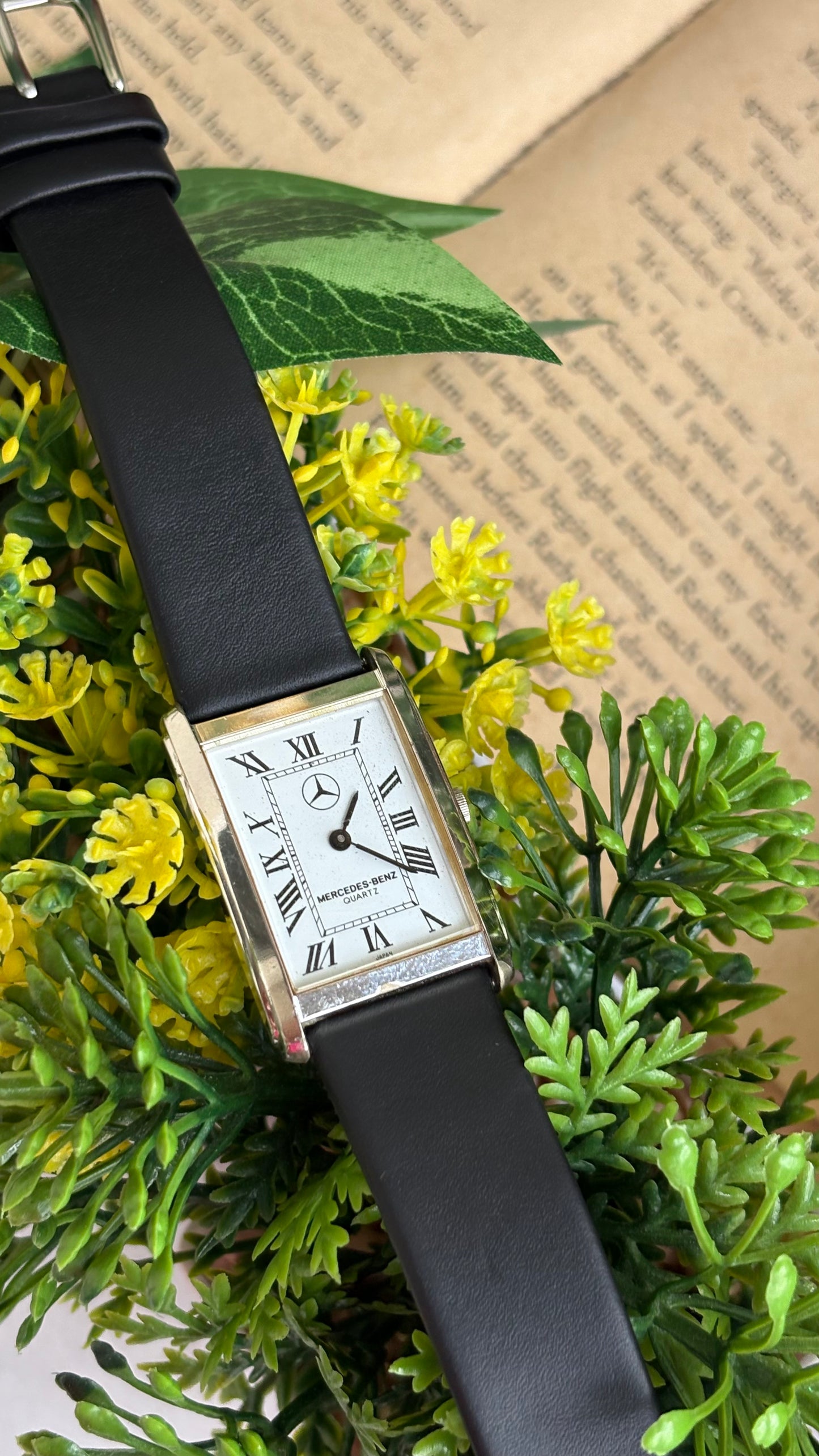 Extremely Rare Vintage Marcedes-Benz Unisex Tank Watch in Leather Strap Roman Dial
