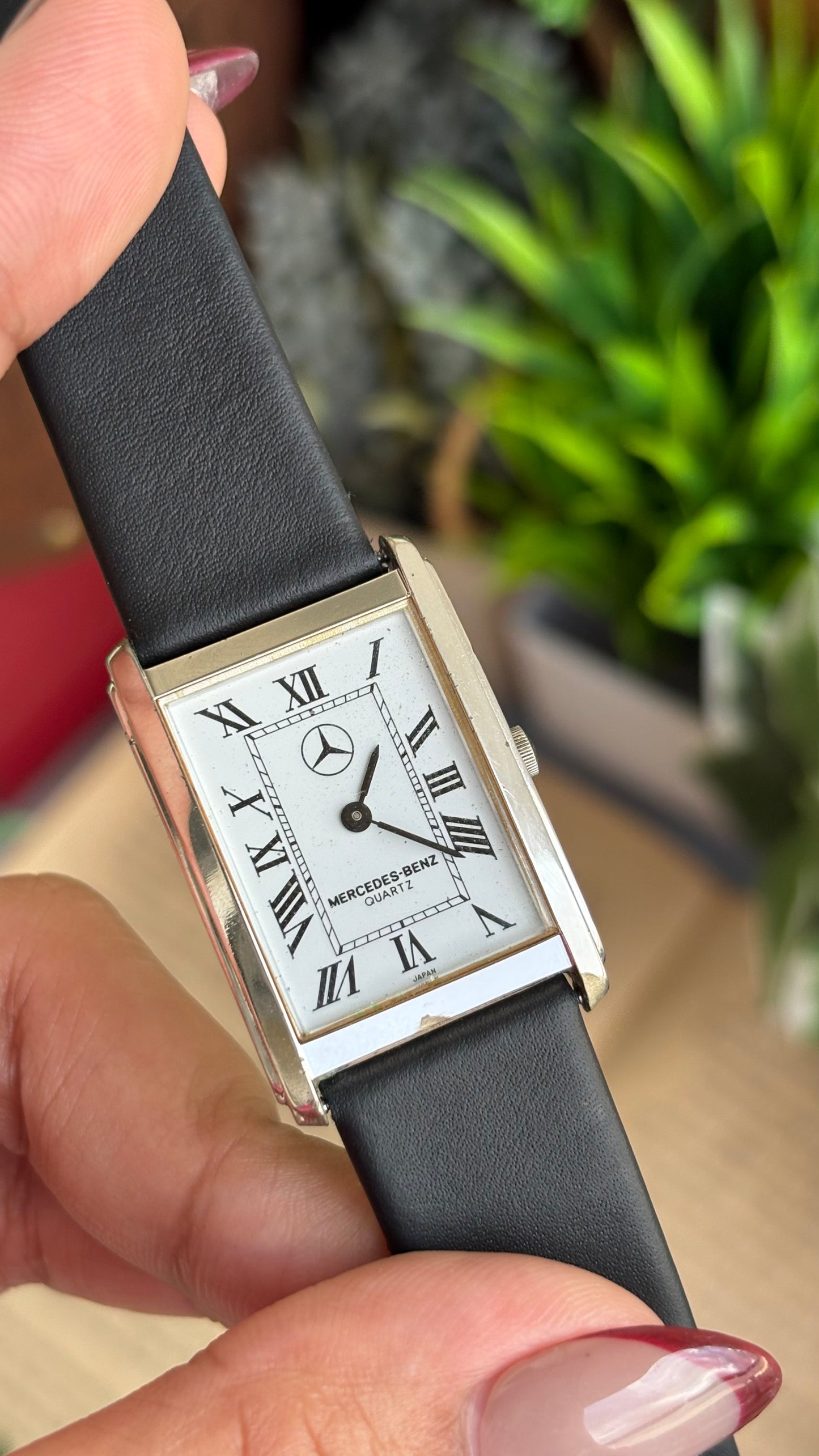 Extremely Rare Vintage Marcedes-Benz Unisex Tank Watch in Leather Strap Roman Dial