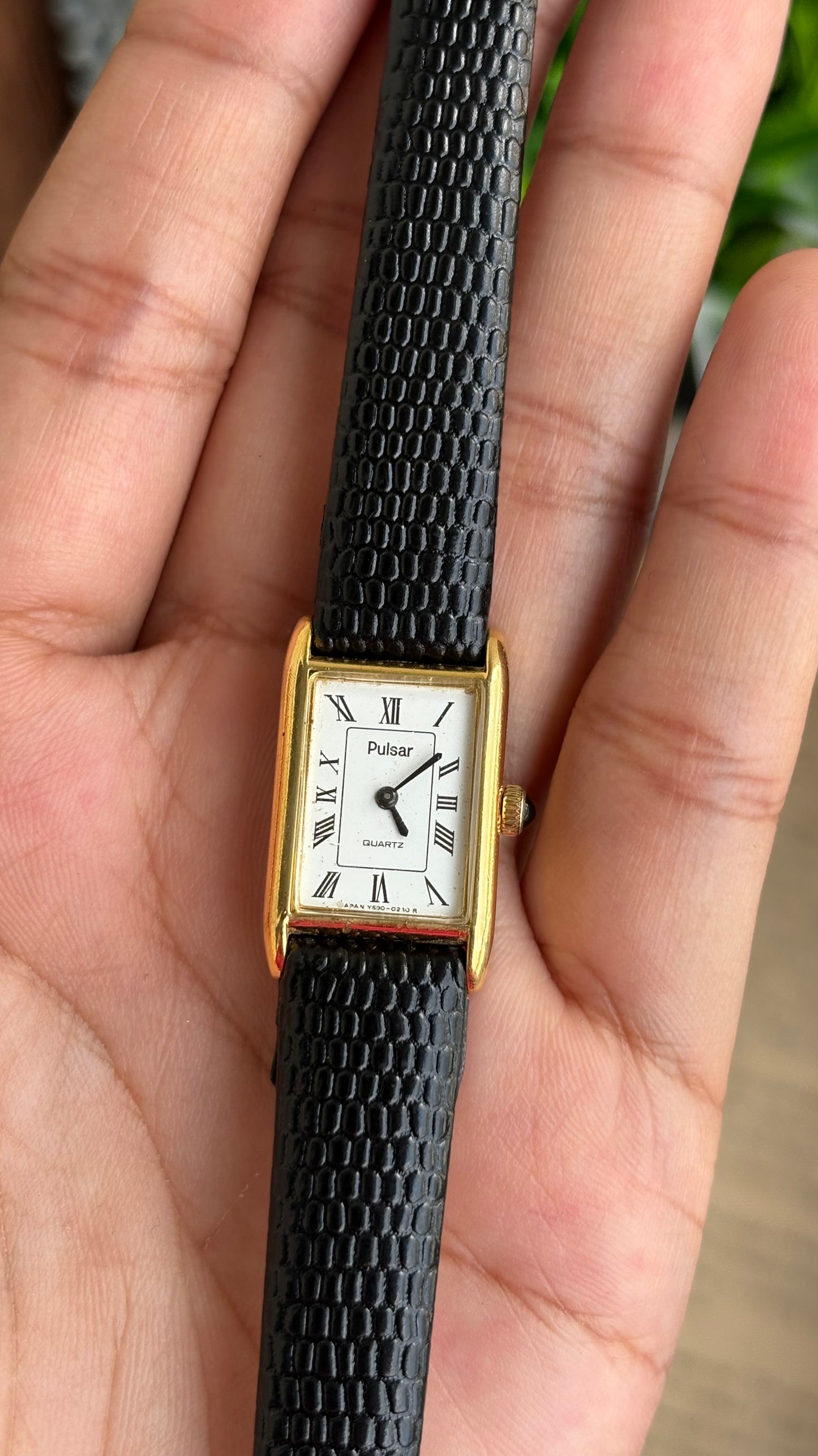Extremely Rare Vintage Pulsar by Seiko Tank Watch in Black Leather Strap Roman Dial