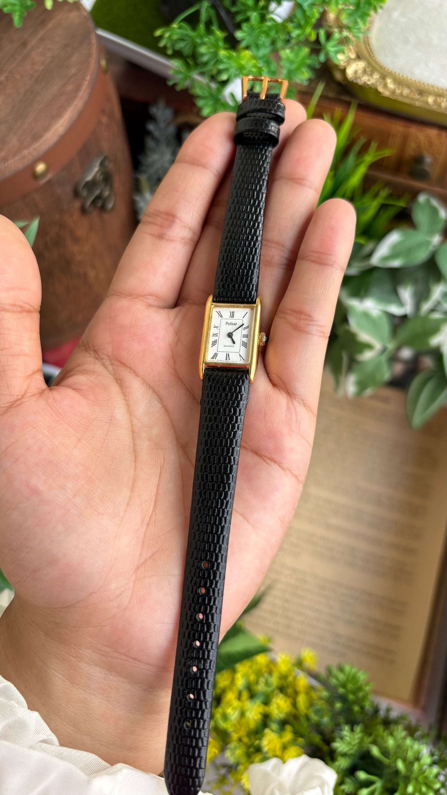 Extremely Rare Vintage Pulsar by Seiko Tank Watch in Black Leather Strap Roman Dial