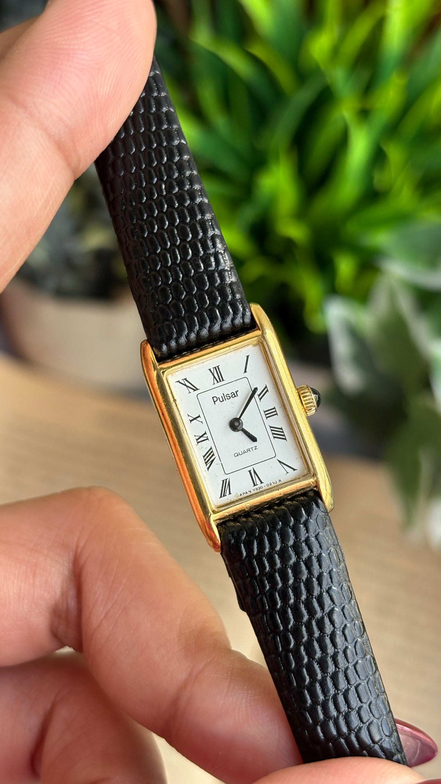 Extremely Rare Vintage Pulsar by Seiko Tank Watch in Black Leather Strap Roman Dial